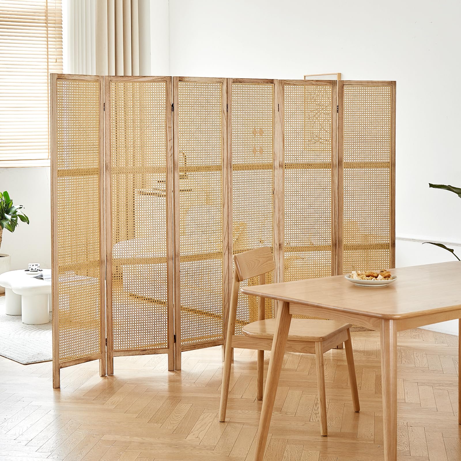 6 Panel Rattan Room Divider Screen - 5.6 Ft Tall Foldable Wooden Partition Wall - Freestanding Privacy Screen for Home, Office & Bedroom - Natural Woven Design - Perfect for Room Separation, Zen Decor & Space Division