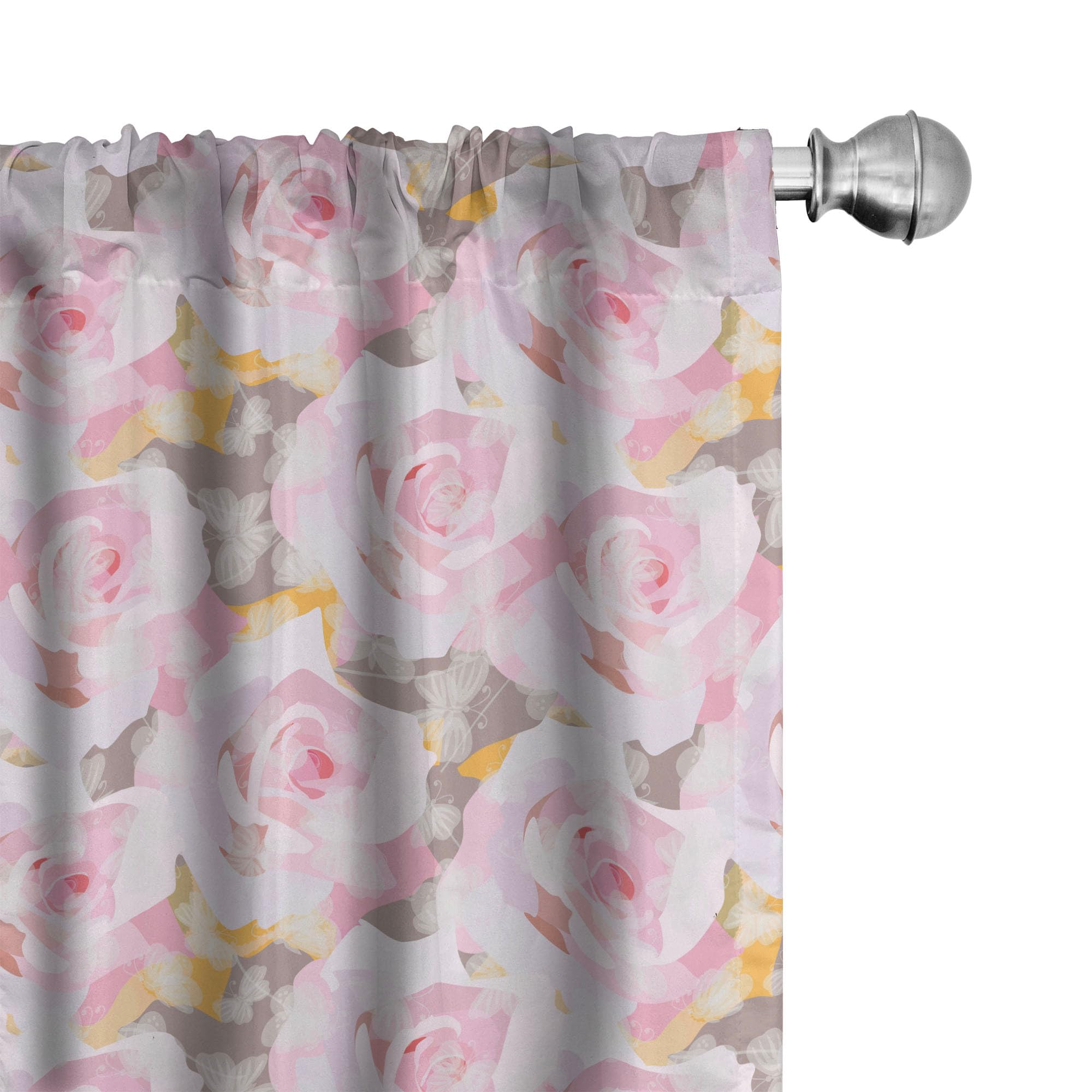 Ambesonne Floral Window Curtains - Pastel Pink Roses & Butterflies Romantic Design, Lightweight Decor 2-Panel Set with Rod Pocket (28x84 Inches) - Perfect for Bedroom, Living Room & Nursery Decor