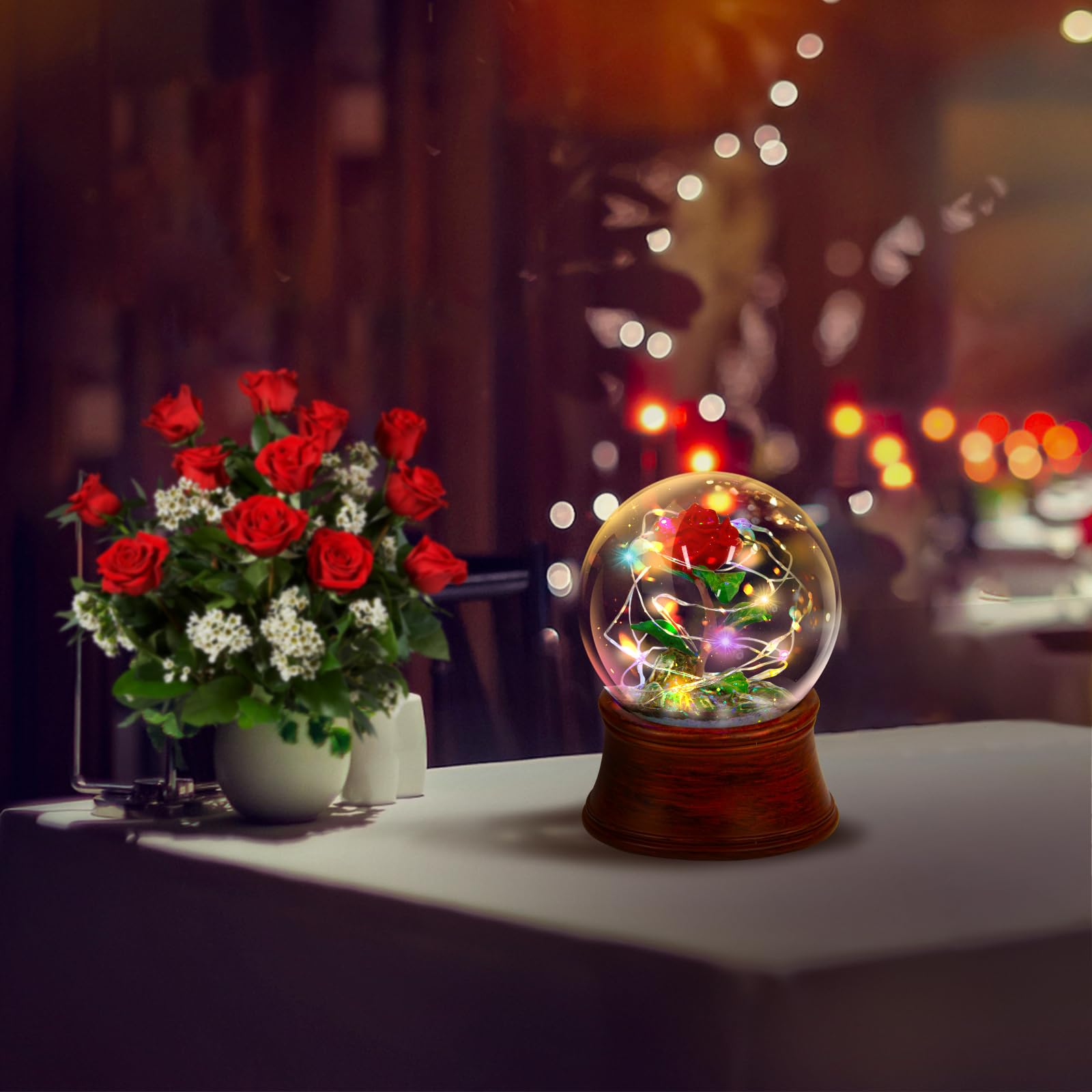 LED Light Up Rose Snow Globe Music Box with Preserved Red Flower - Romantic Water Globe Gift for Women, Girls (Mother's Day, Anniversary, Christmas) - Perfect for Bedroom Decor, Wedding Centerpiece & Valentine's Day Surprise