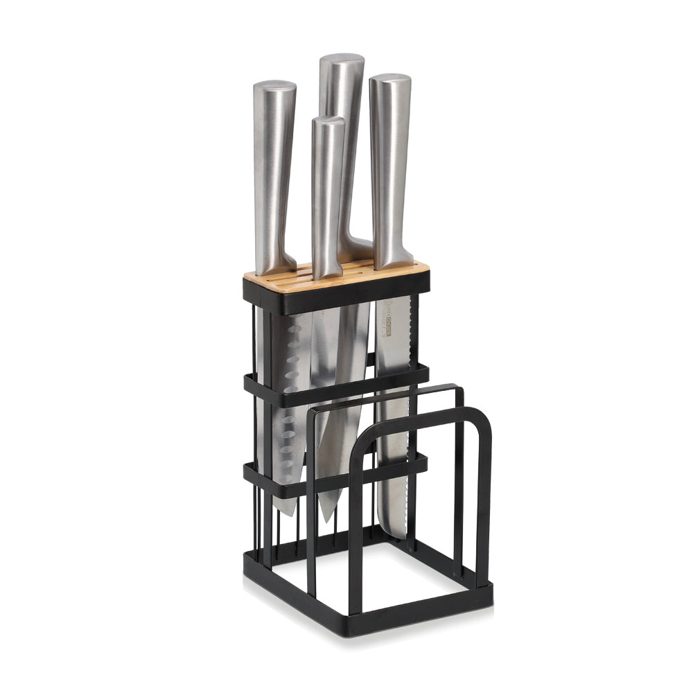 Premium Knife Block and Cutting Board Stand Set - Durable Metal & Bamboo Construction in Sleek Black | Perfect for Kitchen Organization & Safe Knife Storage