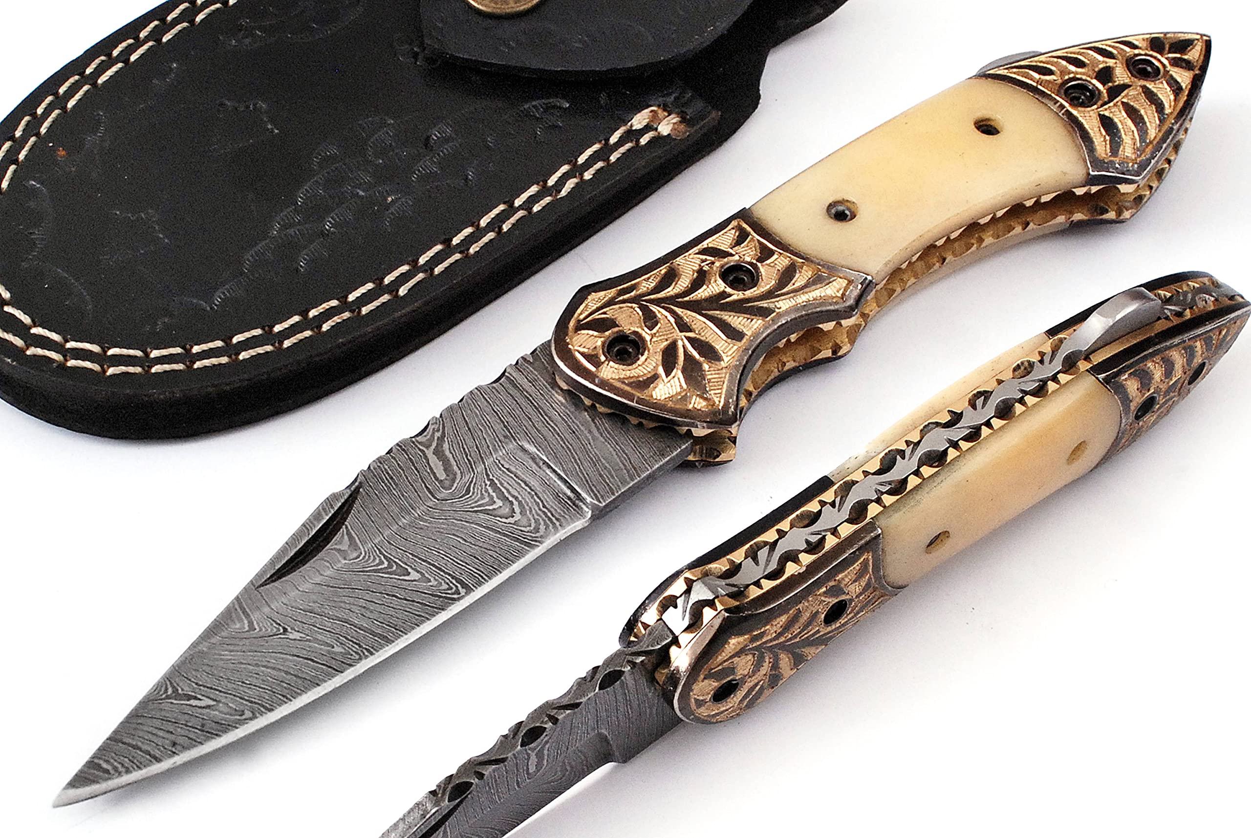 Premium Damascus Steel Folding Pocket Knife for Men - Lockback EDC Hunting & Camping Knife with Sheath & Gift Box - Perfect for Outdoor Adventures, Survival, Hiking & Everyday Carry (Bone Handle)