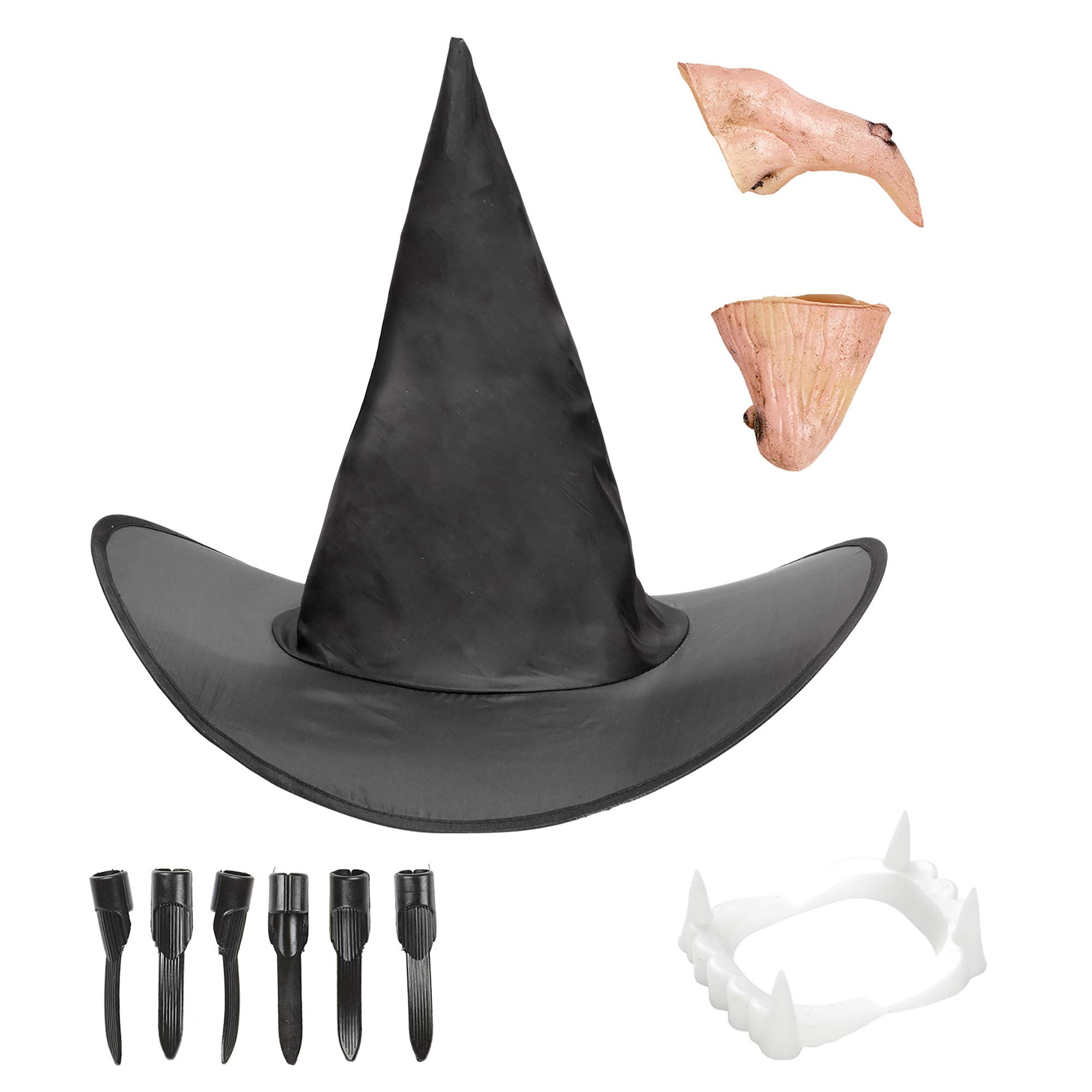 WITCH Halloween Costume Set - Hat, Nose, Chin, Denture & Nails - Perfect for Halloween Parties, Cosplay & Witch Themed Events