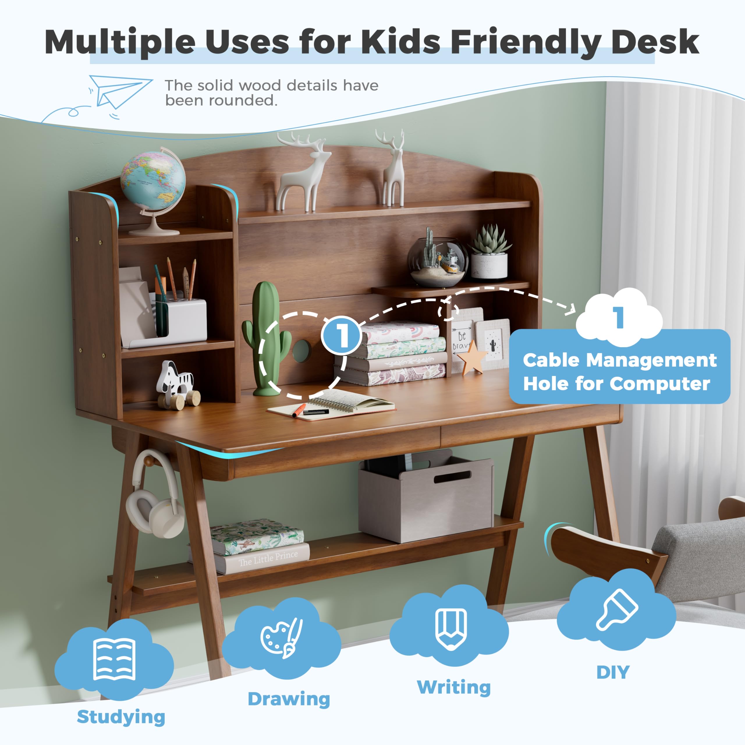 DELAVIN 39.37 Inch Solid Wood Kids Desk and Chair Set - Adjustable Study Computer Desk with Storage Drawers & Hutch - Children's Wooden Student Writing Art Table for Bedroom, Study Room, Home Schooling - Features Cable Management Hole in Walnut Finish - Perfect for Online Learning & Homework Station