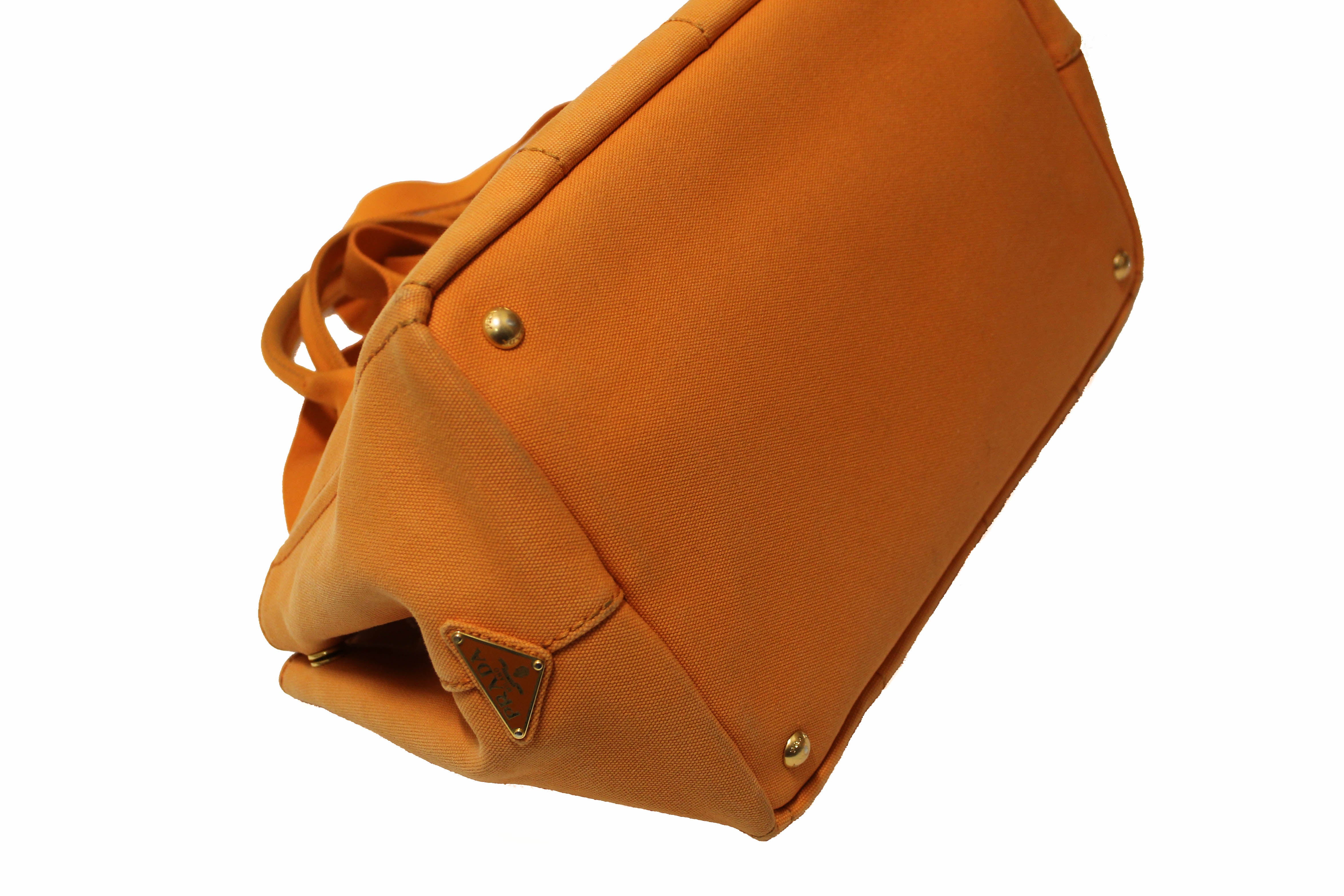 Authentic Prada Orange Canapa Canvas Logo Tote Bag for Women - Luxury Designer Handbag for Work, Travel & Everyday Use