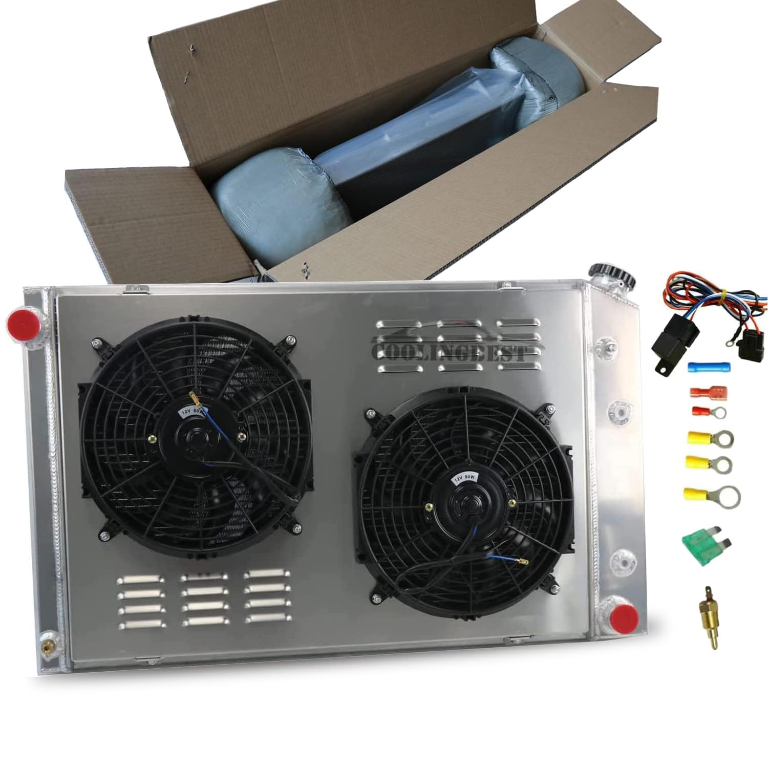 High-Performance CU716 Aluminum Radiator for 1973-1991 Chevy Blazer C1500-C3500 & GMC Jimmy C1500-C3500 Trucks - 3-Row Cooling System with Electric Fan Shroud Kit - Perfect for Off-Roading, Towing & Heavy-Duty Use