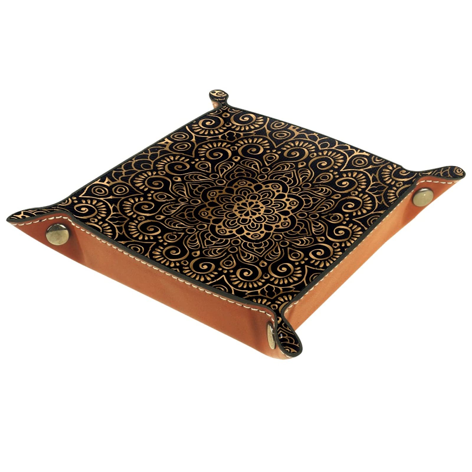 Youran Mandala Pattern Desktop Organizer Tray - Luxury Gold Jewelry & Vanity Storage Tray for Dresser, Bedside, Keys & Coins (16x16cm) | Perfect for Home Office, Bedroom Decor & Gift Ideas