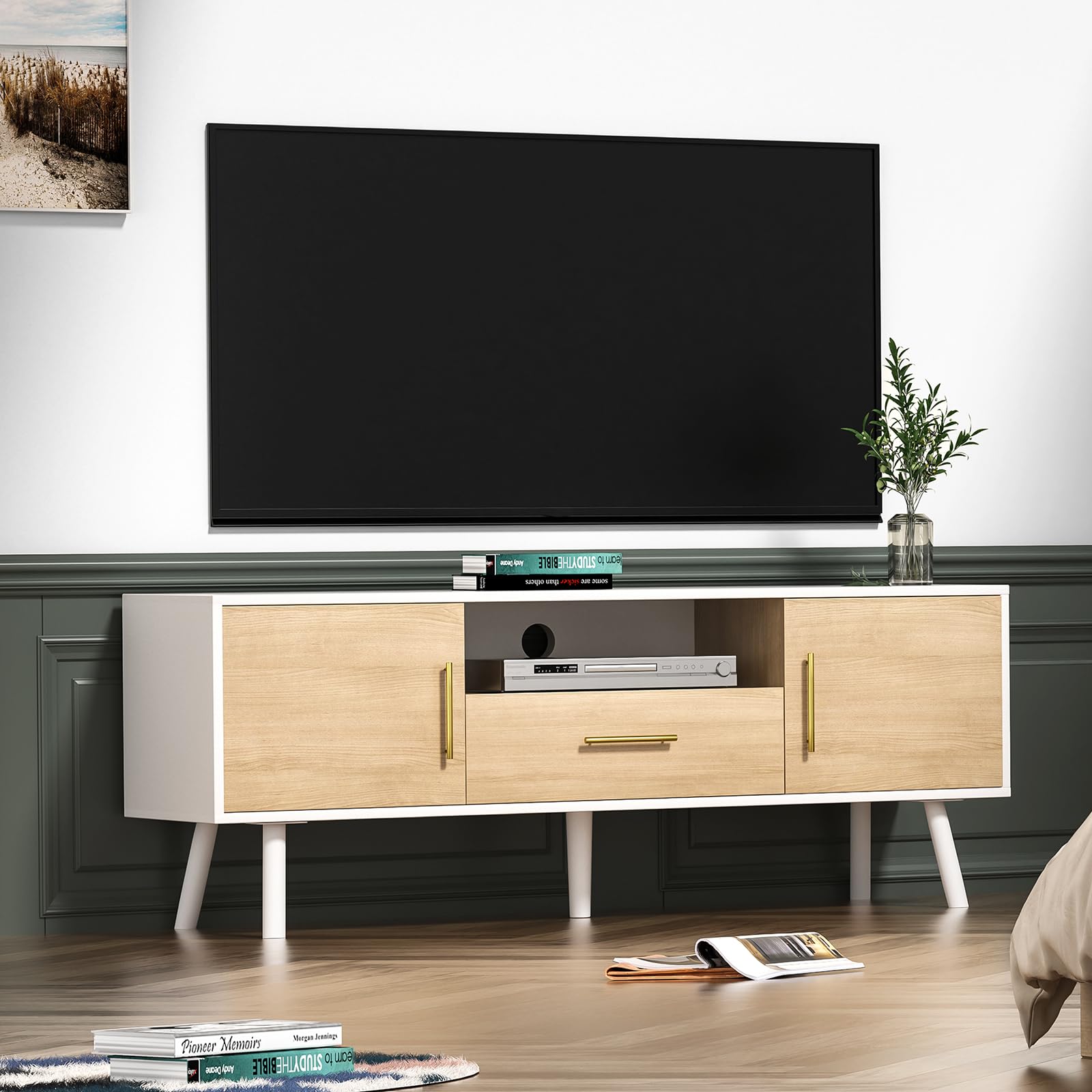 Giluta Modern 55 Inch TV Stand with Storage - White & Oak Finish TV Table, Media Console with Drawers for Living Room & Bedroom - Perfect Entertainment Center for Home Theater Setup