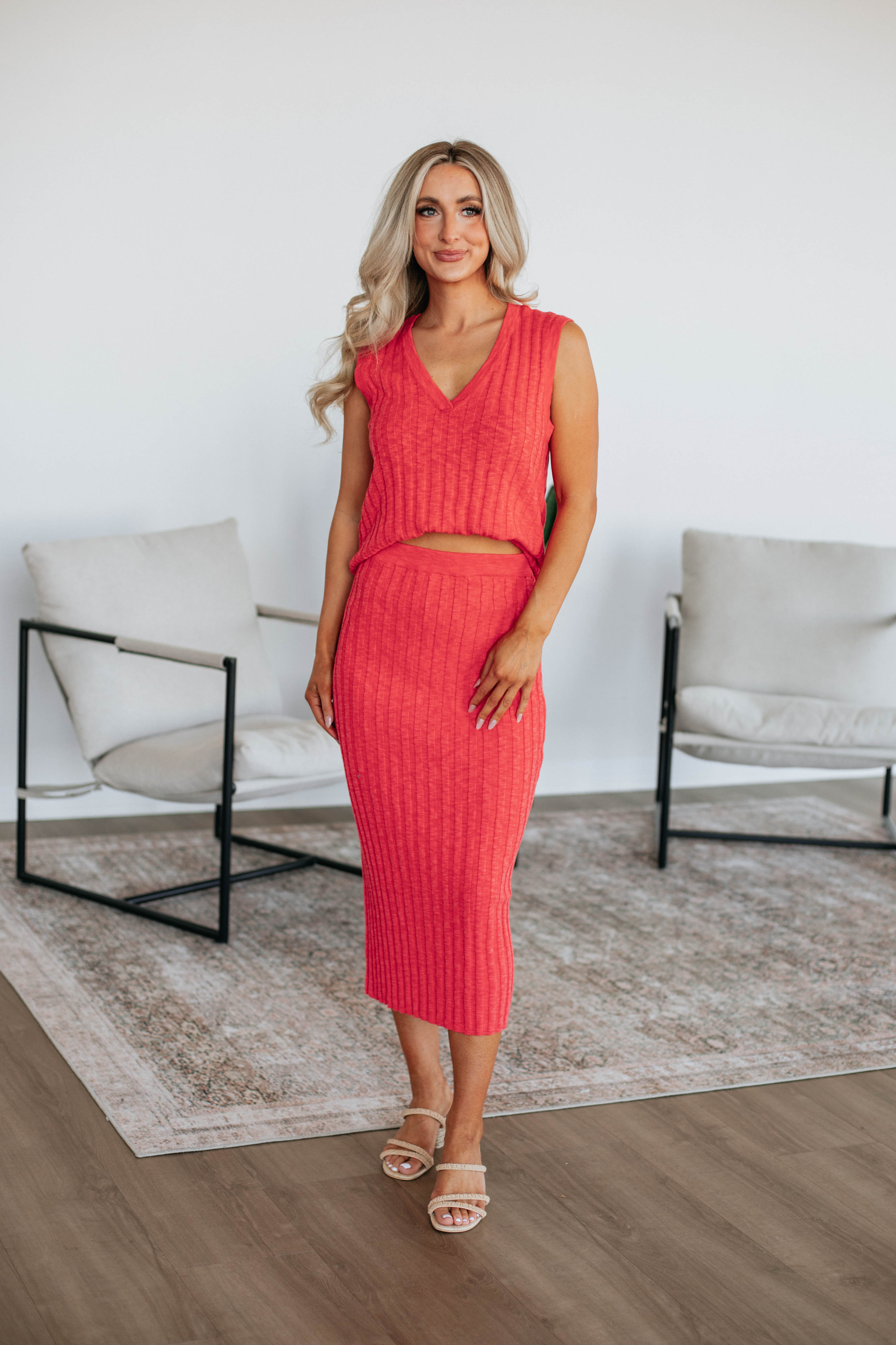 Andri Knit Skirt for Women - Soft Stretch Deep Coral Midi Skirt | Perfect for Casual Wear, Office Outfits & Date Nights