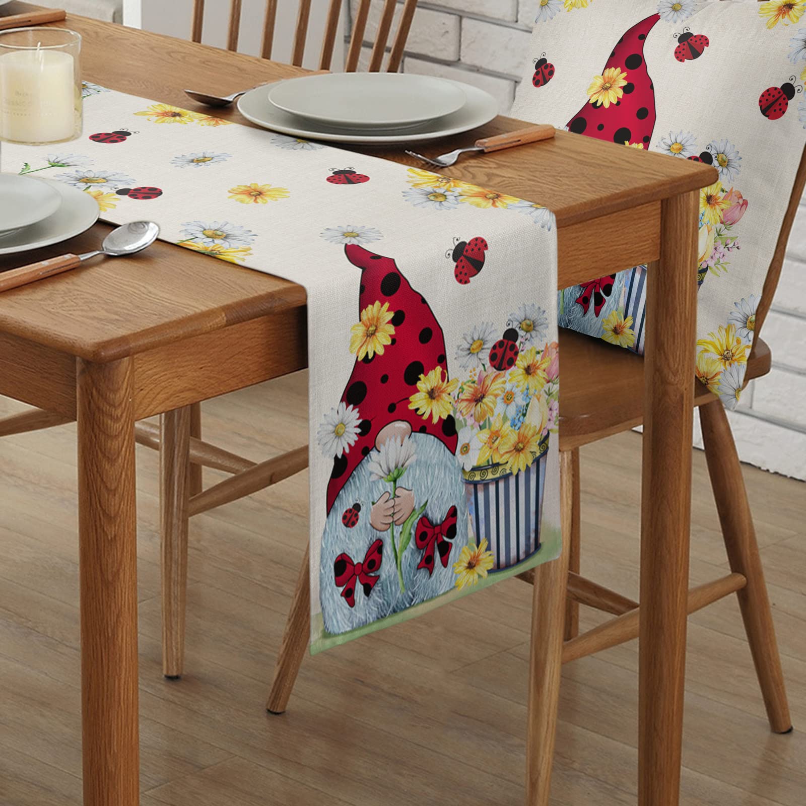 70 Inch Burlap Linen Table Runner - Summer Ladybug Gnomes Design for Farmhouse Kitchen, Dining Table, Dresser & Coffee Table Decor | Perfect for Spring Weddings, Banquets & Home Parties
