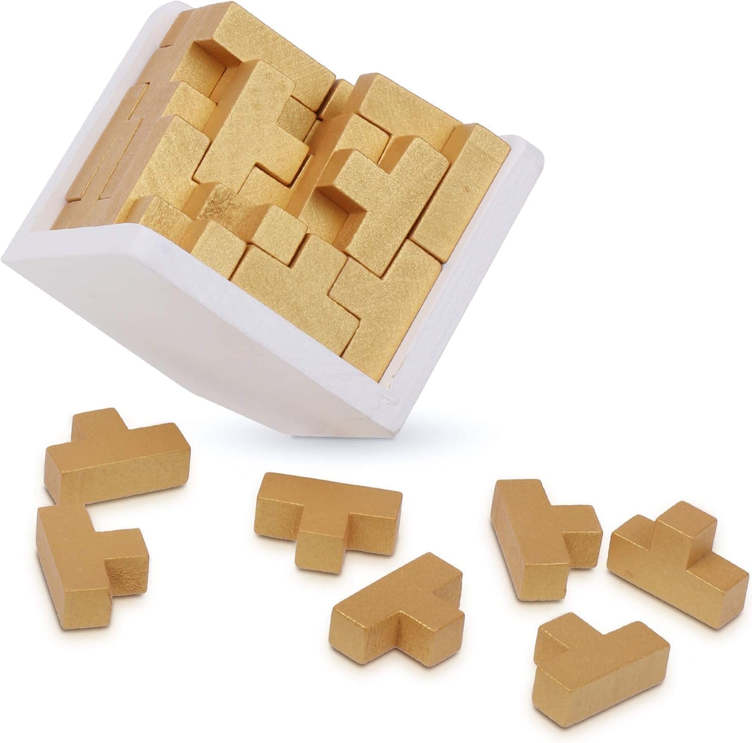 Original 3D Wooden Brain Teaser Puzzle for Kids & Adults - Challenging Logic Game, Educational STEM Toy, Stress Relief Desk Decor - Perfect for Family Game Night, Office Break & Gift Giving (Golden Edition)