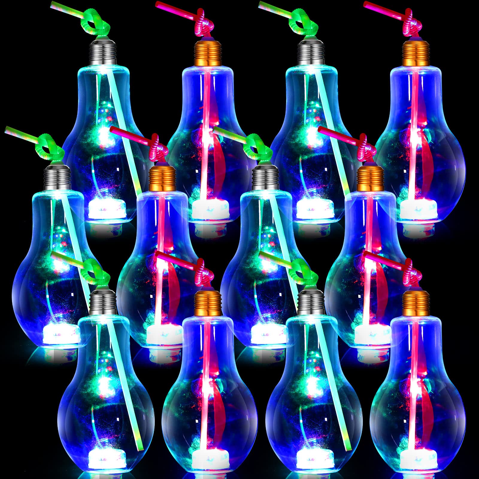LED Light Up Drinking Glasses - 12-Pack Glow in the Dark Plastic Cups with Lids & Straws (500ml) - Fun Party Favors, Nightclub Drinks, Poolside Beverages & Halloween Cocktail Accessories