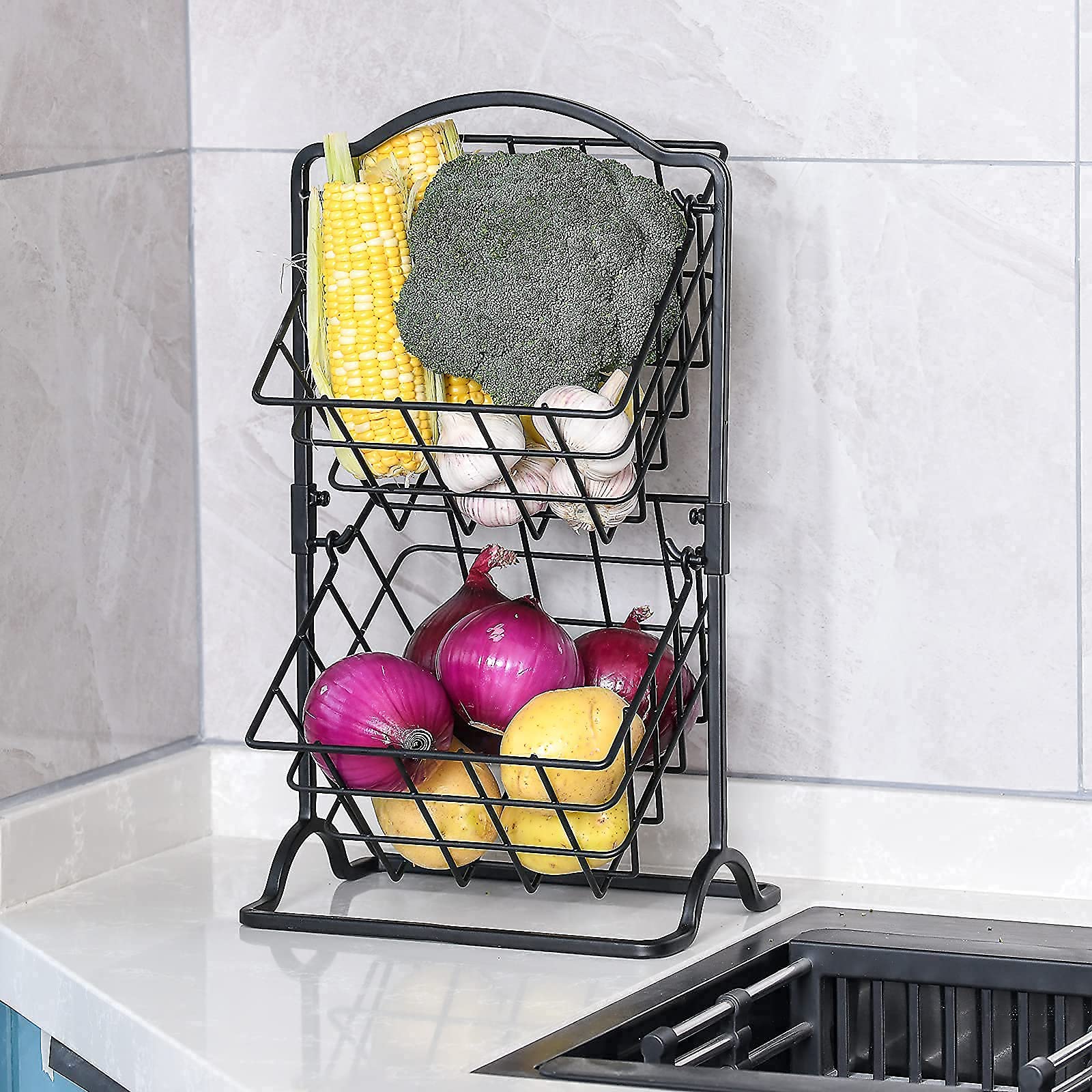 2-Tier Iron Fruit Basket for Kitchen Counter - Wire Hanging Storage Organizer for Fruits, Vegetables & Bread - Matte Black - Perfect for Pantry, Dining Table & Countertop Organization