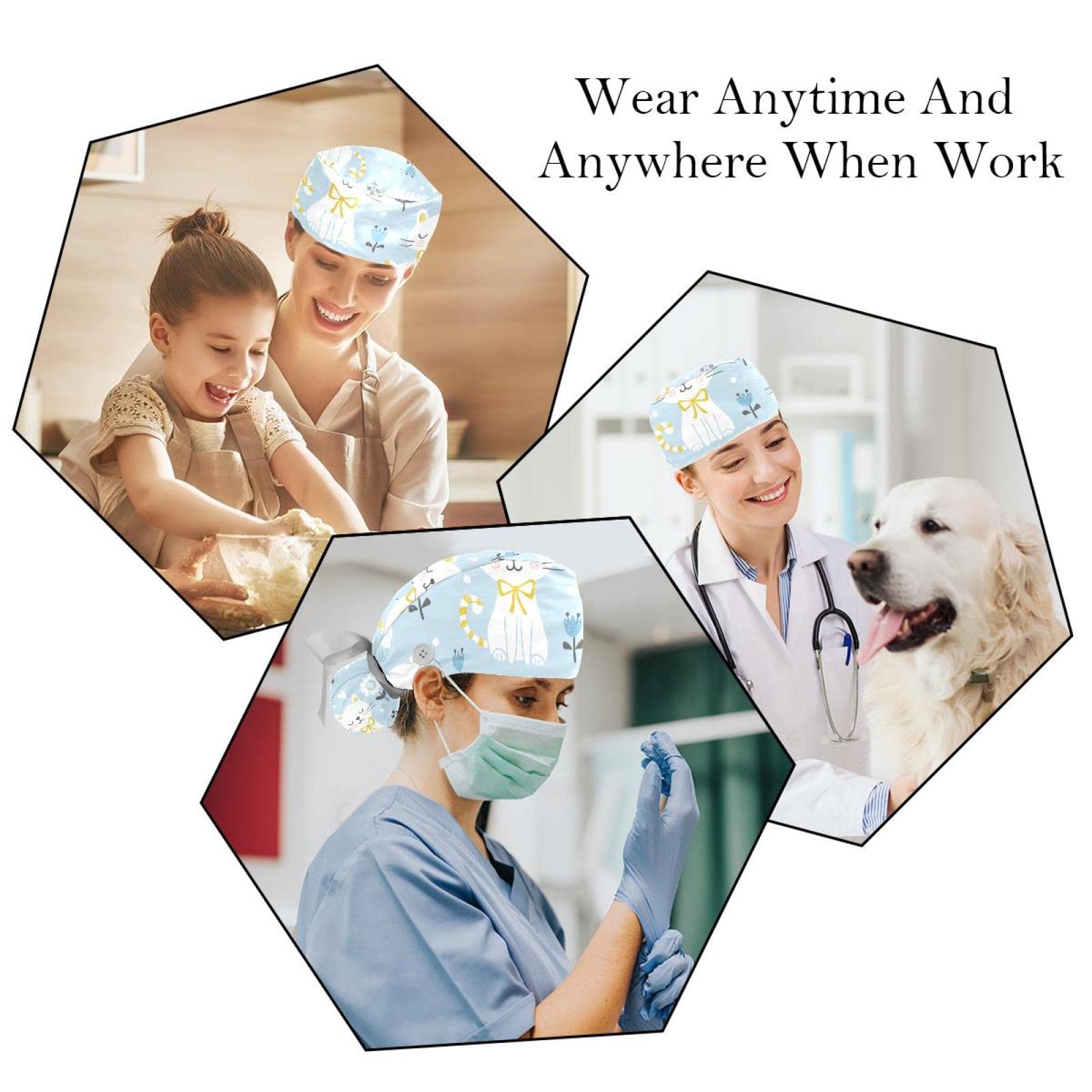 Cat Princess Heart Scrub Hats for Women & Men - 2 Pack Long Hair Surgical Caps with Button Closure & Sweatband - Unisex Tie Back Working Hats for Nurses, Doctors, Healthcare Professionals - Perfect for Hospitals, Clinics & Medical Work Environments