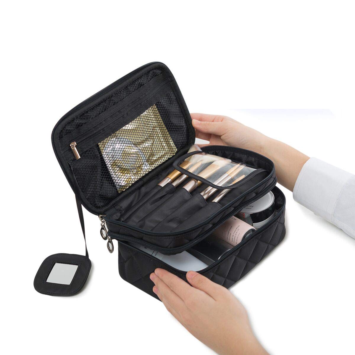Portable Makeup Bag with Mirror - Double Layer Cosmetic Organizer for Women Travel & Home Use