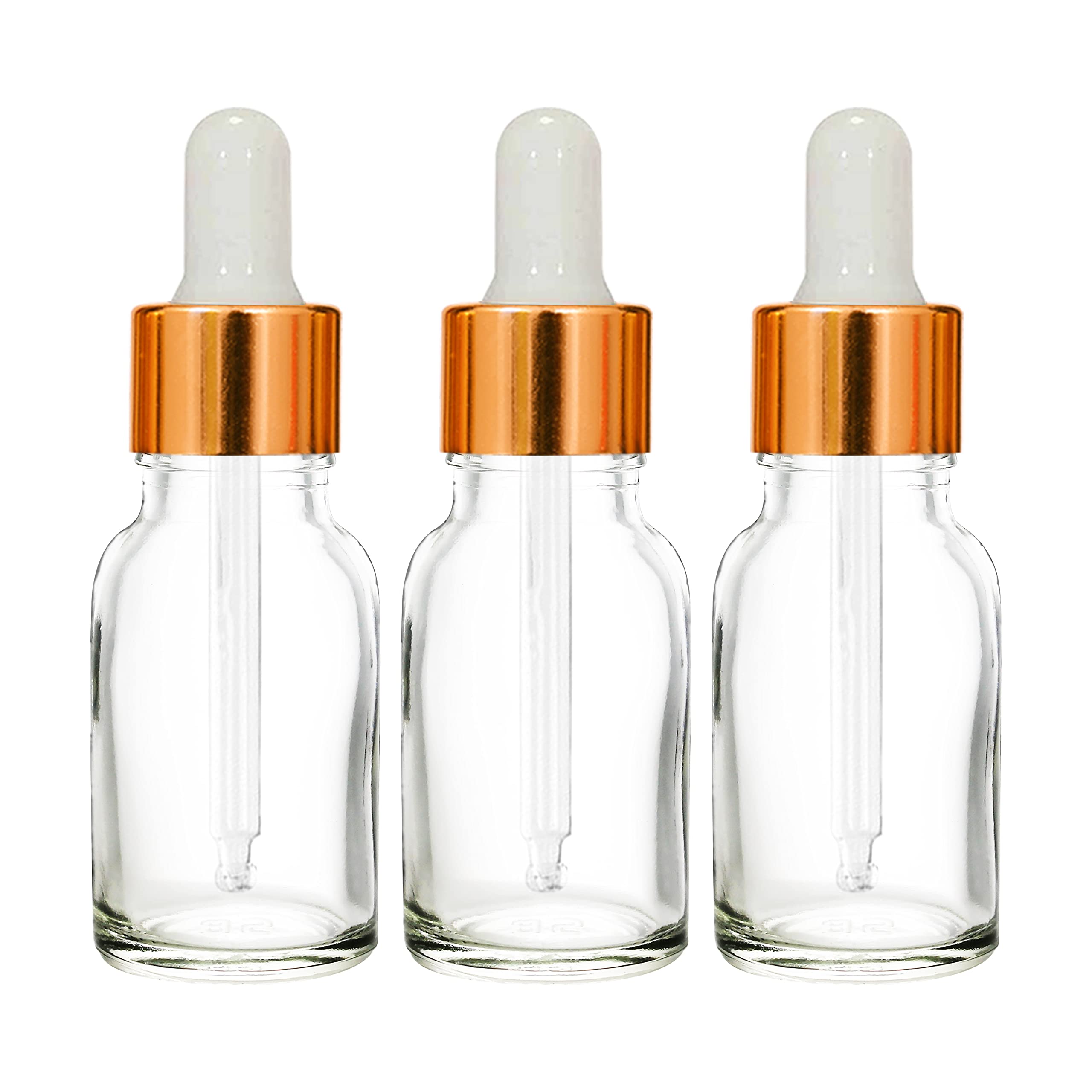 NSB Herbals 15ml Clear Round Empty Glass Bottle with Glass Dropper, Golden Ring & White Silicone Teat - Refillable for Essential Oils, Perfumes, DIY Beauty (Pack of 3) | Perfect for Aromatherapy, Travel & Home Use