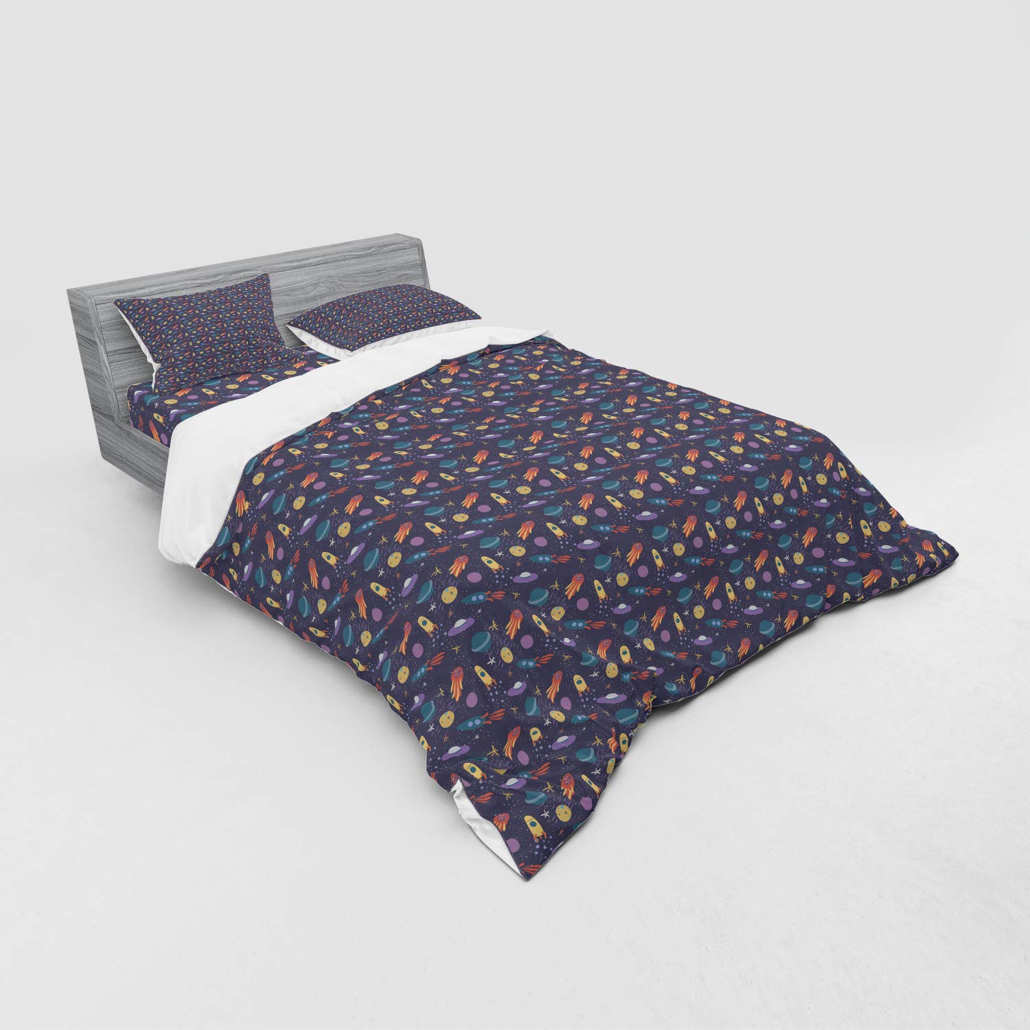 Ambesonne Space Themed Bedding Set - 4 Piece Duvet Cover with Shams & Fitted Sheet, California King Size, Pastel Comet Stars Rockets Planets Design - Perfect for Kids Room, Teen Bedroom & Sci-Fi Themed Decor