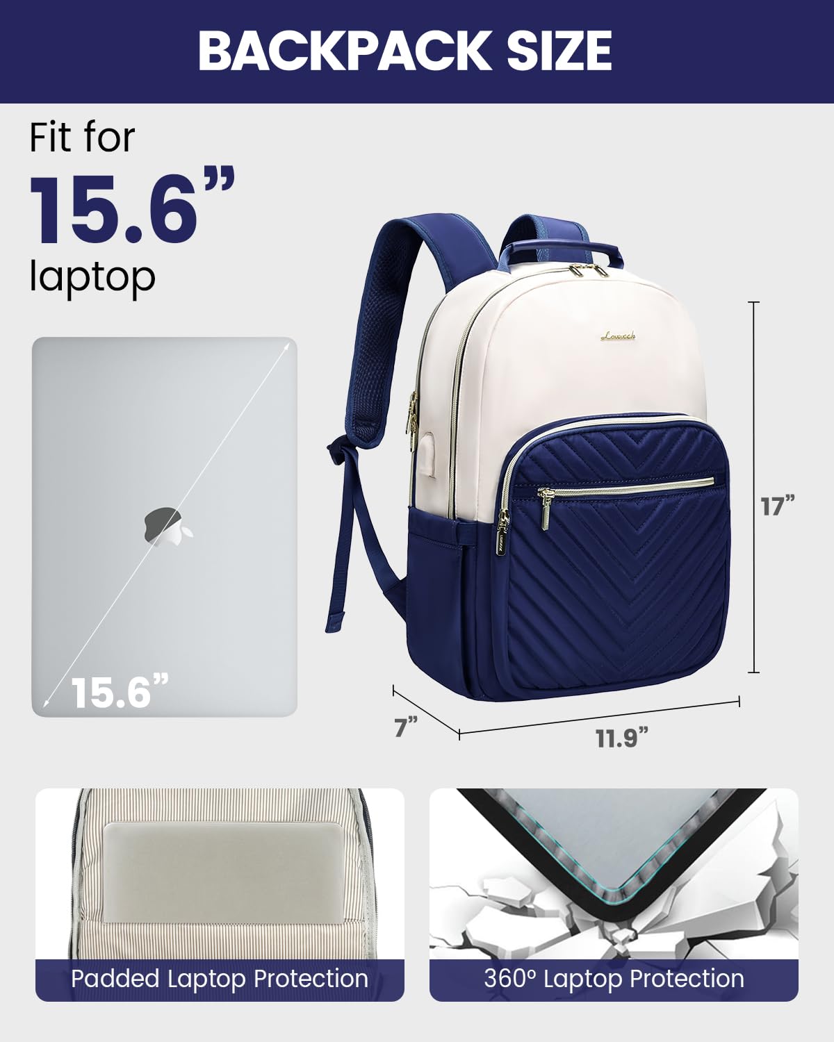 LOVEVOOK Women's 15.6 Inch Laptop Backpack - Stylish Travel & Work Bag, Aesthetic University & Nurse Backpack, College & Sport Daypack, Deep Blue-Beige, Perfect for Commuting, Campus & Business Trips