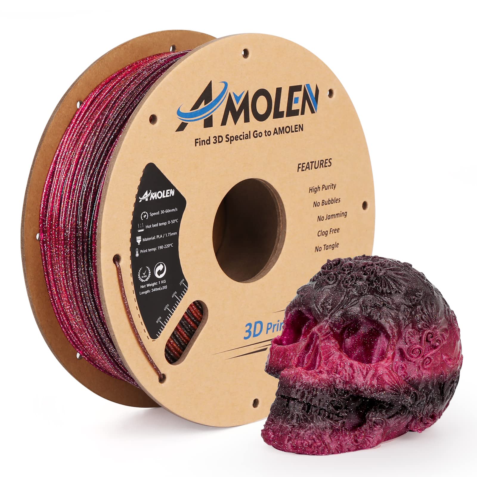 AMOLEN Shiny PLA 3D Printer Filament 1.75mm - Black & Red 1KG/2.2lb Spool for Smooth 3D Printing | Perfect for Cosplay Props, Model Making and DIY Crafts