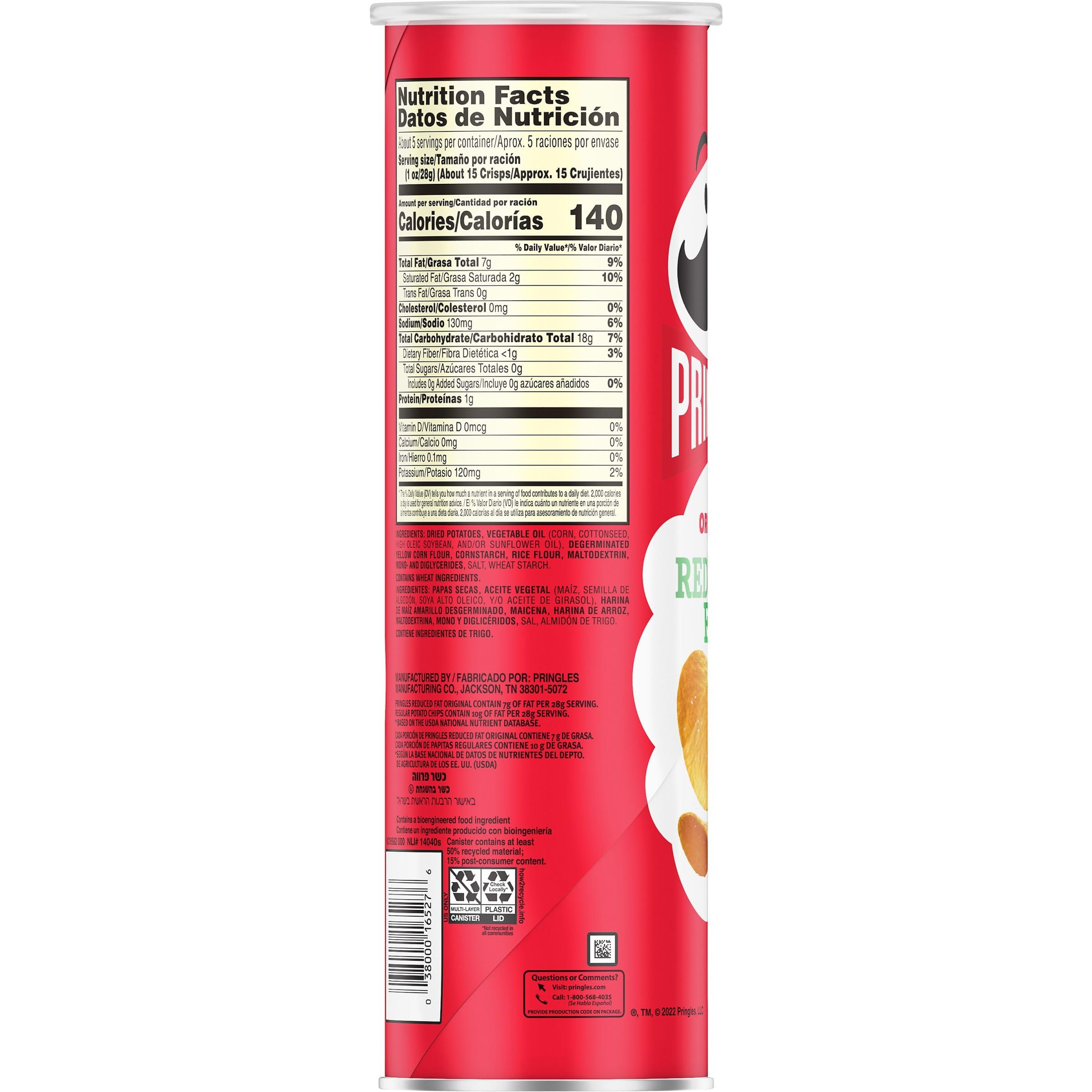 Pringles Reduced Fat Potato Crisps Chips - 4.9oz Can (Pack of 1) | Healthy Lunch Snacks, On-The-Go Snacking for Work, School & Travel | Low Fat Crunchy Treat
