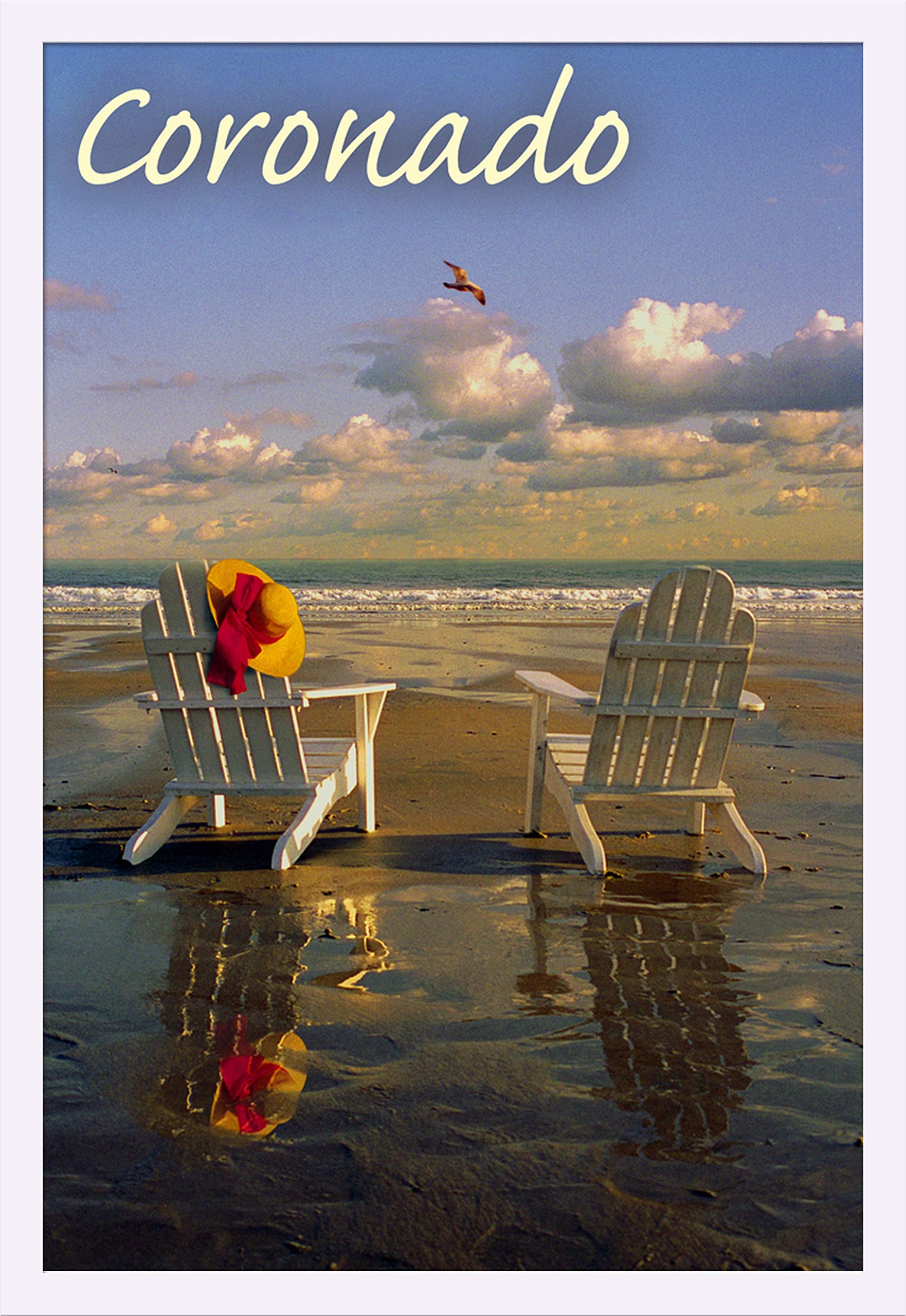 Coronado California Beach Adirondack Chairs 24x36 Giclee Art Print - Gallery Framed White Wood Wall Decor for Coastal Living Room, Beach House & Office