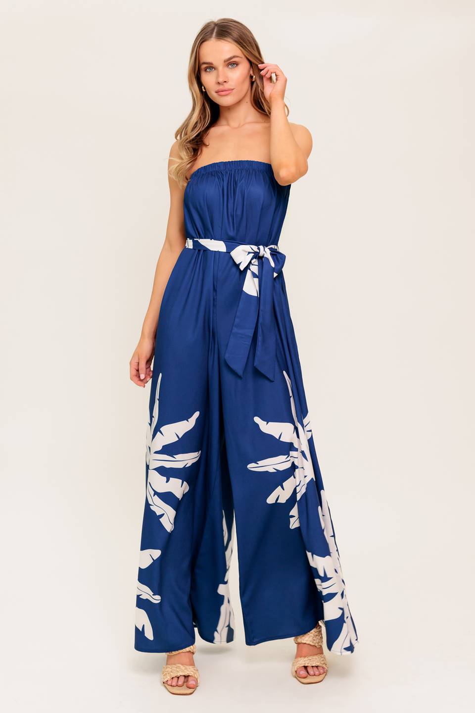 NOLANI Strapless Jumpsuit for Women - Navy & White Floral Print Romper, Summer Beachwear, Party Outfit, Vacation Dress