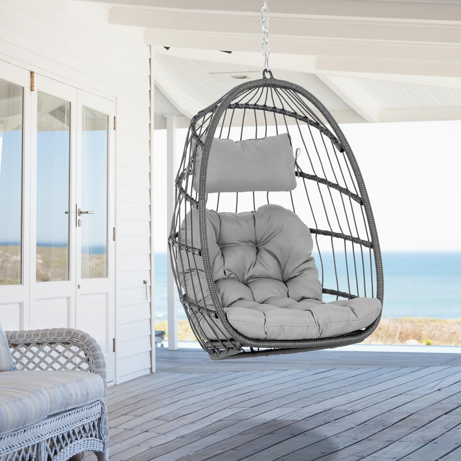Foldable Hanging Egg Chair - Indoor/Outdoor Wicker Rattan Swing Chair with UV Resistant Cushions & Aluminum Frame - Hammock Chair for Bedroom, Patio, Camping, Garden Relaxation (Grey)