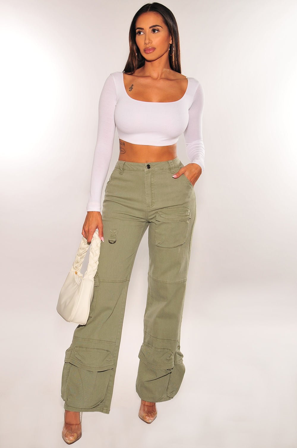 Army Green High Waist Wide Leg Cargo Pants for Women - Stylish & Comfortable Military Jeans for Casual Wear, Outdoor Adventures & Street Fashion