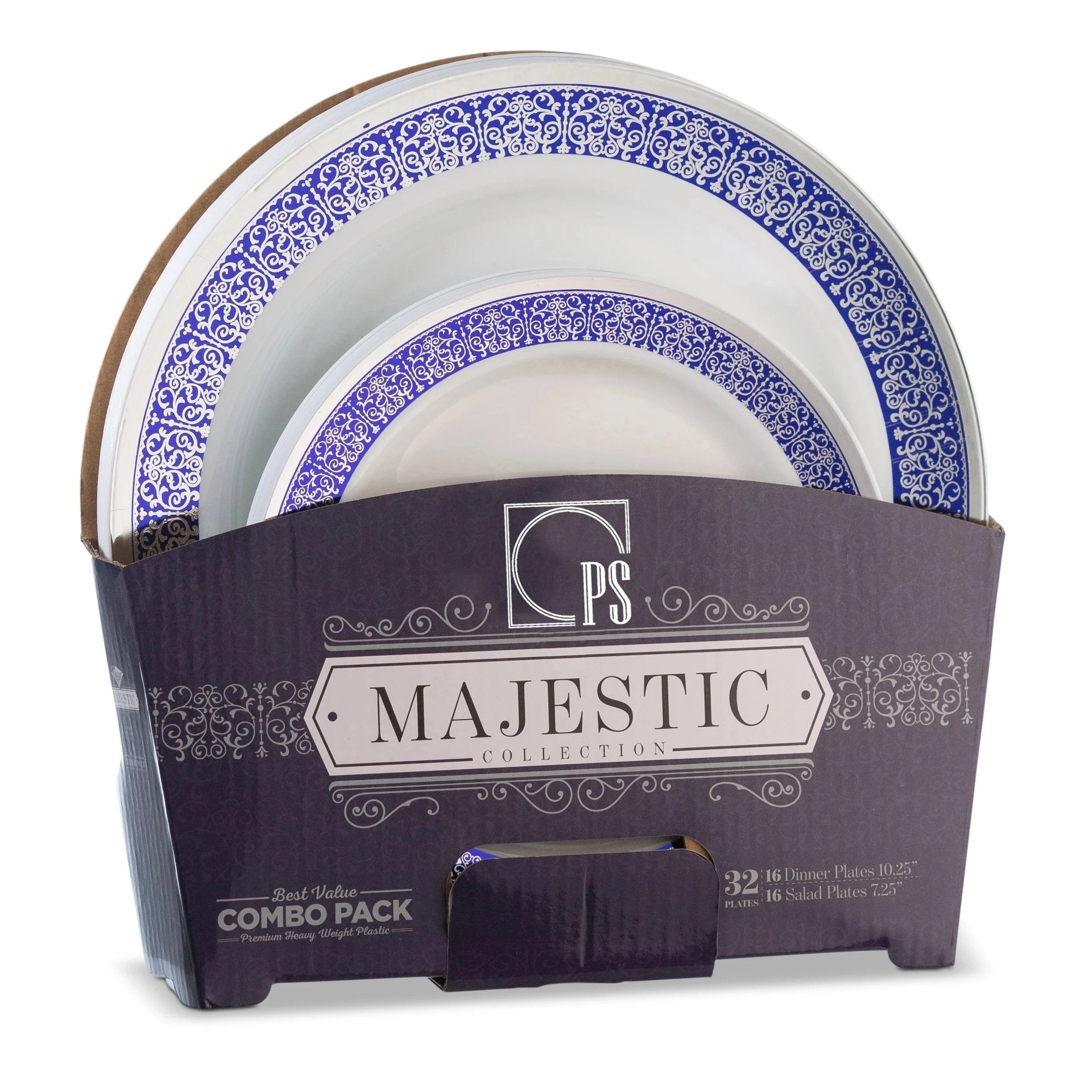 32-Piece Blue and Silver Round Plastic Dinnerware Set - 16 Servings Combo Pack | Durable & Elegant Disposable Plates, Bowls, Cups & Utensils for Parties, Picnics, BBQs, and Outdoor Events