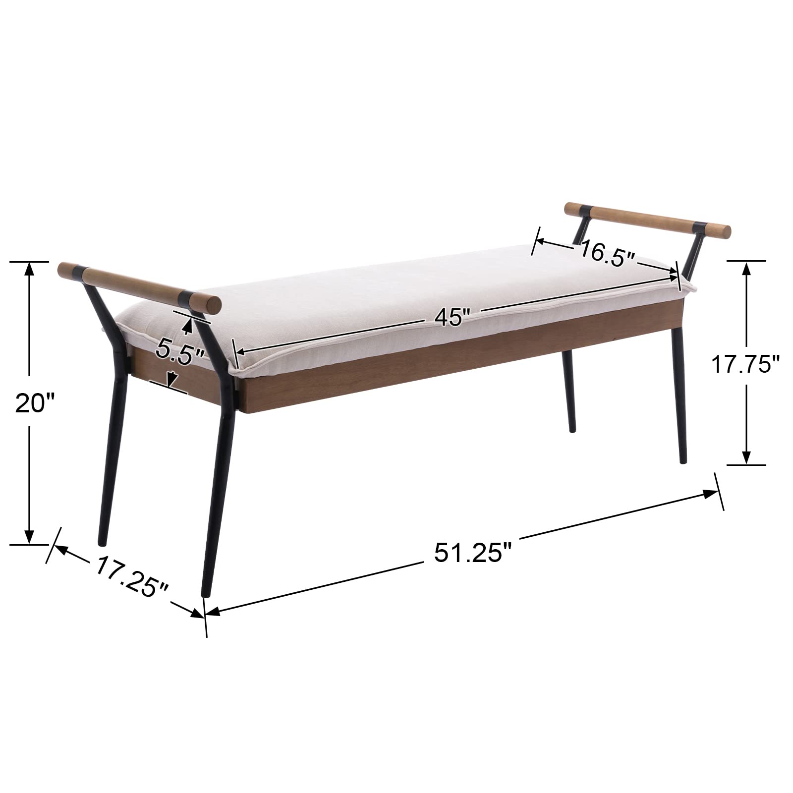 Modern Rectangle Ottoman Bench with Arms & Metal Legs - Mid Century Chenille Fabric Footstool for Dining Room, Bedroom & Living Room - Entryway Shoe Bench & Coffee Table Ottoman - White