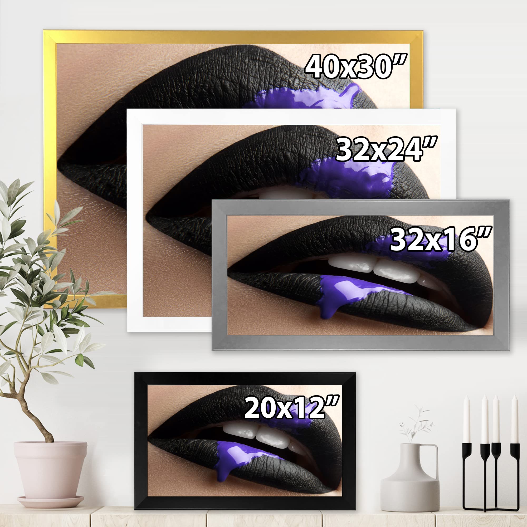 Modern Framed Wall Art - Black Lipstick & Purple Paint Female Lips Canvas Print for Home, Office & Salon Decor