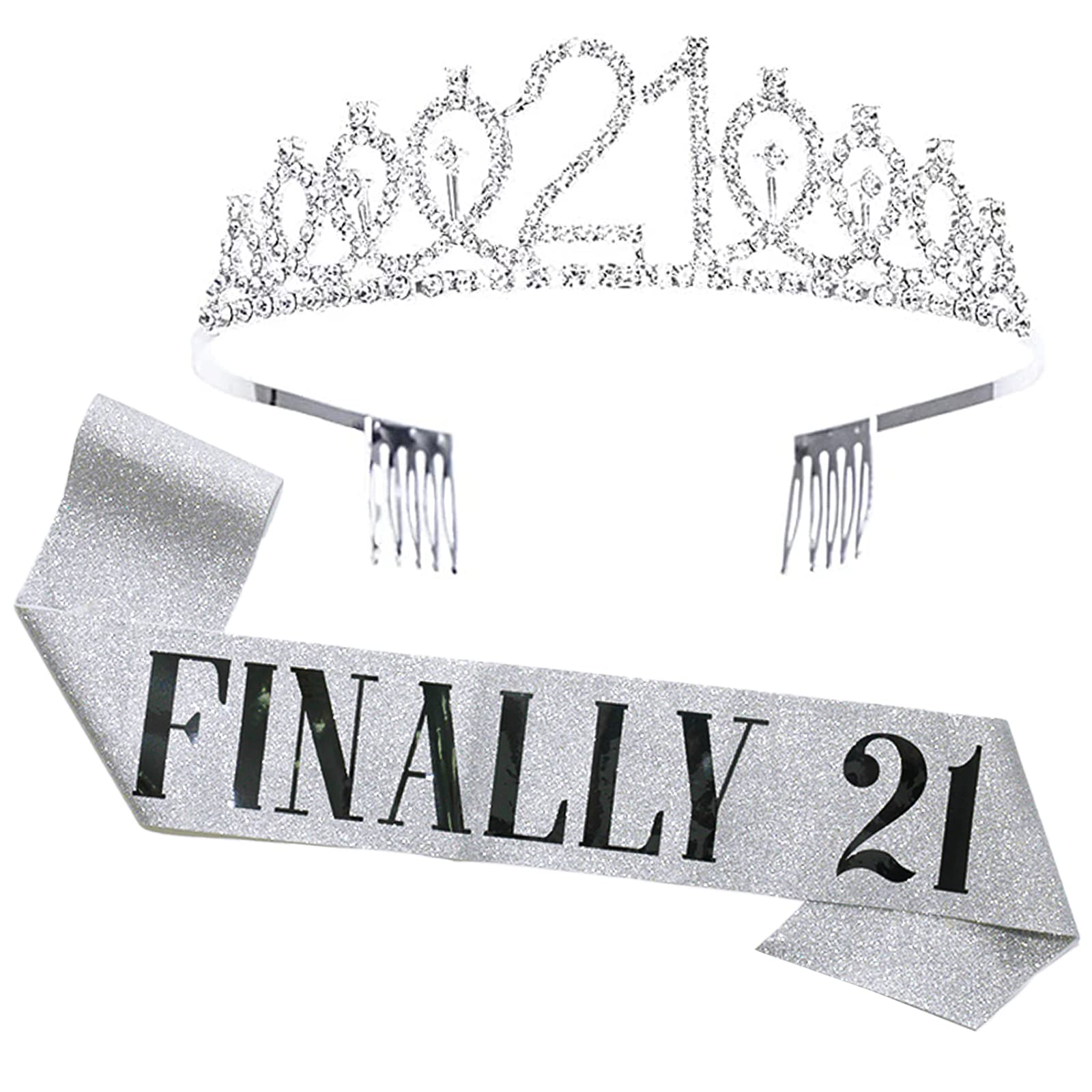 21st Birthday Silver Tiara & Sash Set with Crystal Crown - Elegant Birthday Gift for Women, Girls Party Supplies | Perfect for Quinceañera, Sweet 16, Bachelorette & Princess-Themed Parties