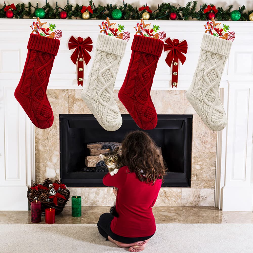 Yifanplus 4 Pack 18 Inch Large Knit Christmas Stockings - Classic White & Ivory Cable Knitted Holiday Stocking Decor for Family, Xmas Party & Fireplace Mantel Decorations