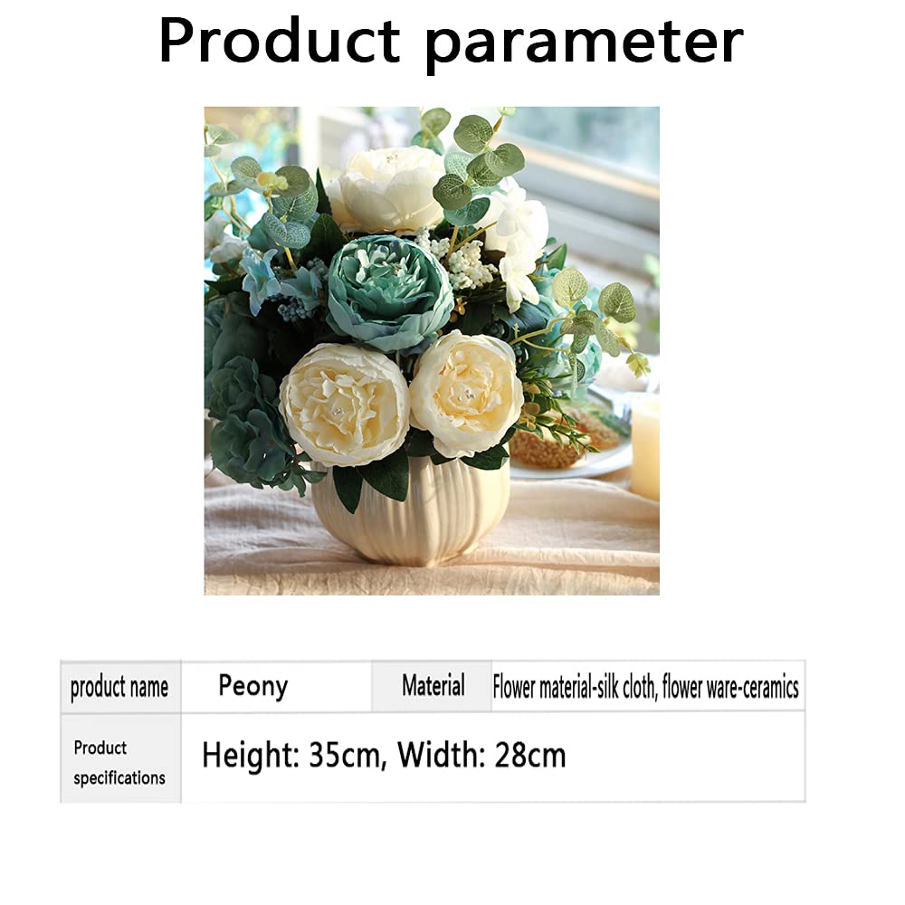 Artificial Peony Bouquets in Flower Pots - Realistic Fake Flowers for Dining Table, Coffee Table, Wedding & Home Decor - Blue Floral Arrangement - Perfect for Centerpieces, Gift Giving & Seasonal Displays