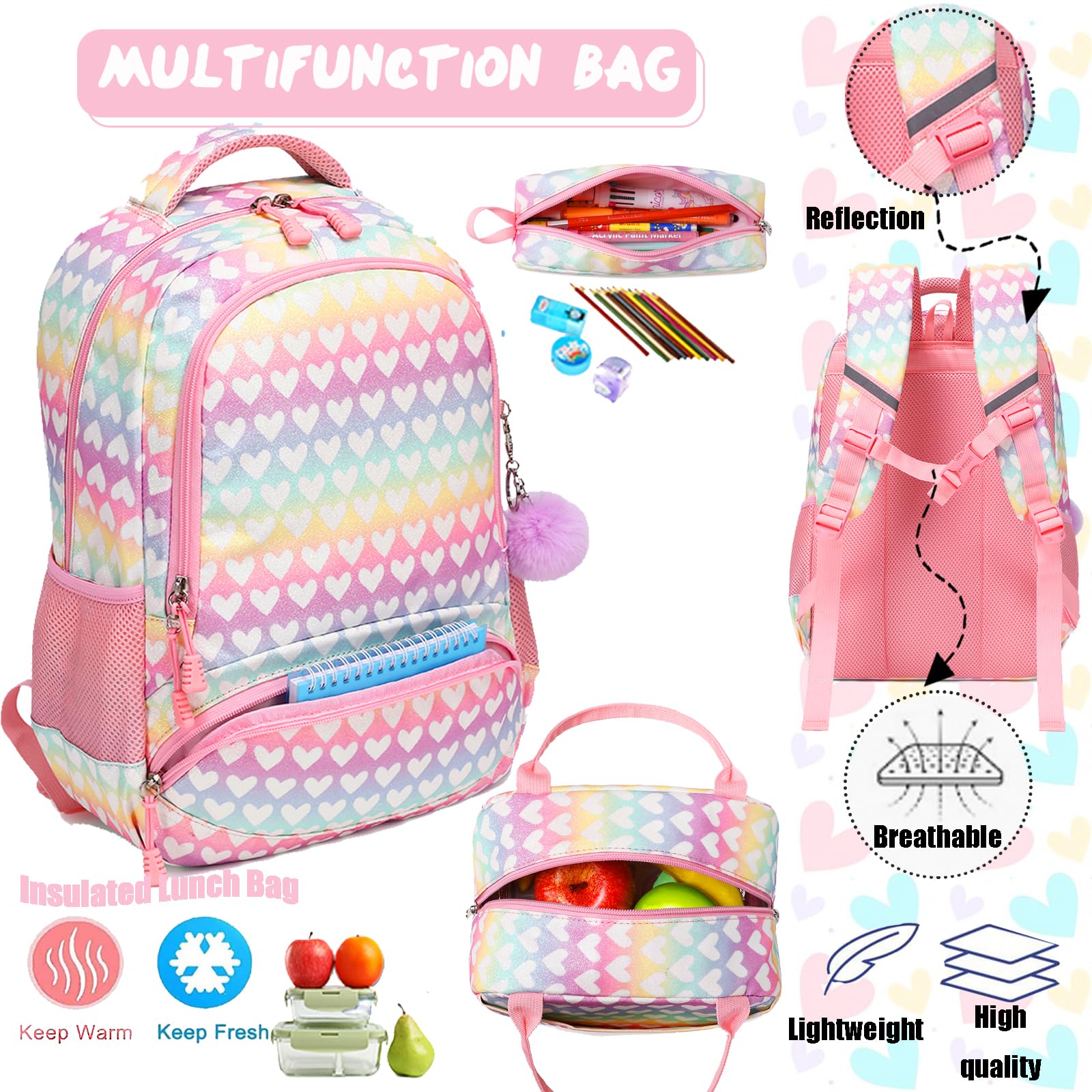 **Cute Unicorn Backpack for Girls - Waterproof School Bookbag with Pencil Case & Lunch Box - Perfect for Elementary, Middle School & Travel**    *(Use Case: Ideal for school, travel, camping, sleepovers, and everyday adventures!)*