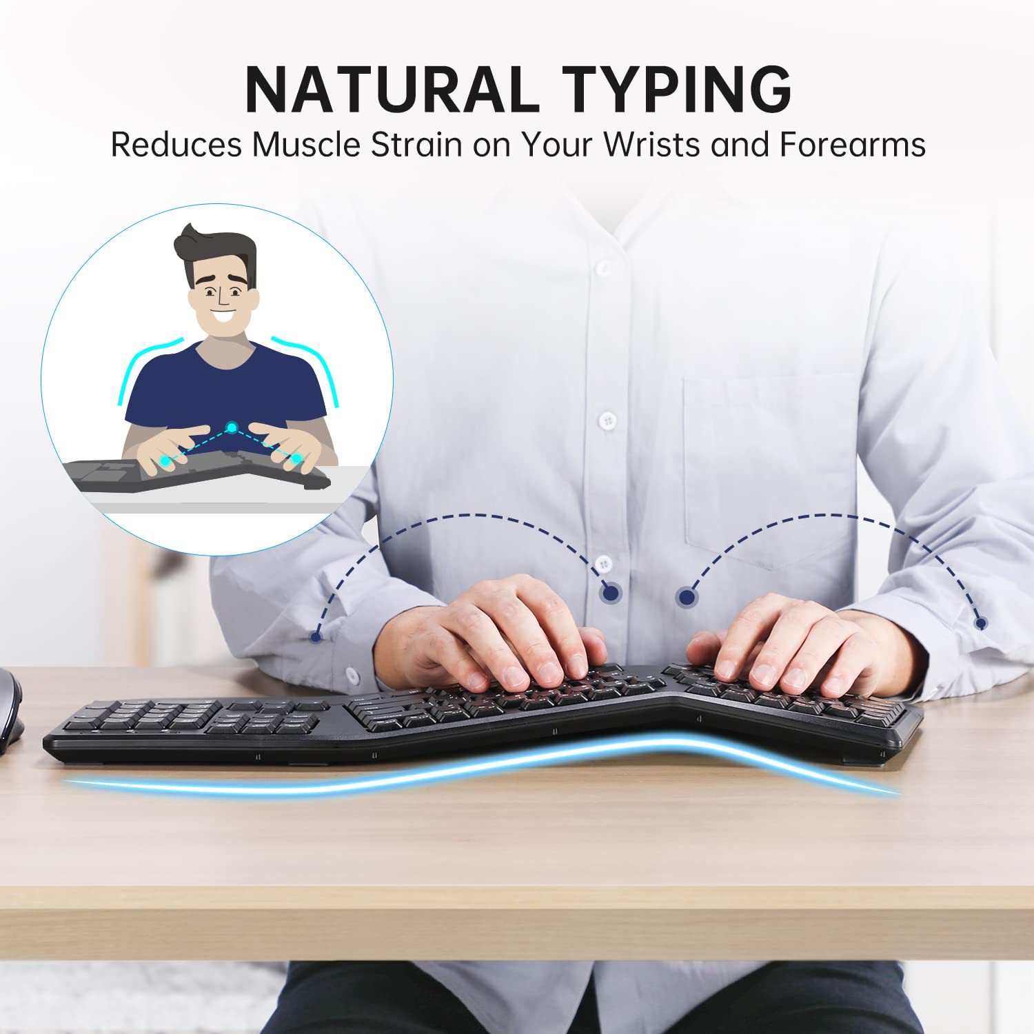 UHURU UEKM-20 Wireless Ergonomic Keyboard and Mouse Combo - Split Design with Palm Rest for Natural Typing, Compatible with Windows & Mac - Perfect for Office Work, Gaming, and Long Typing Sessions