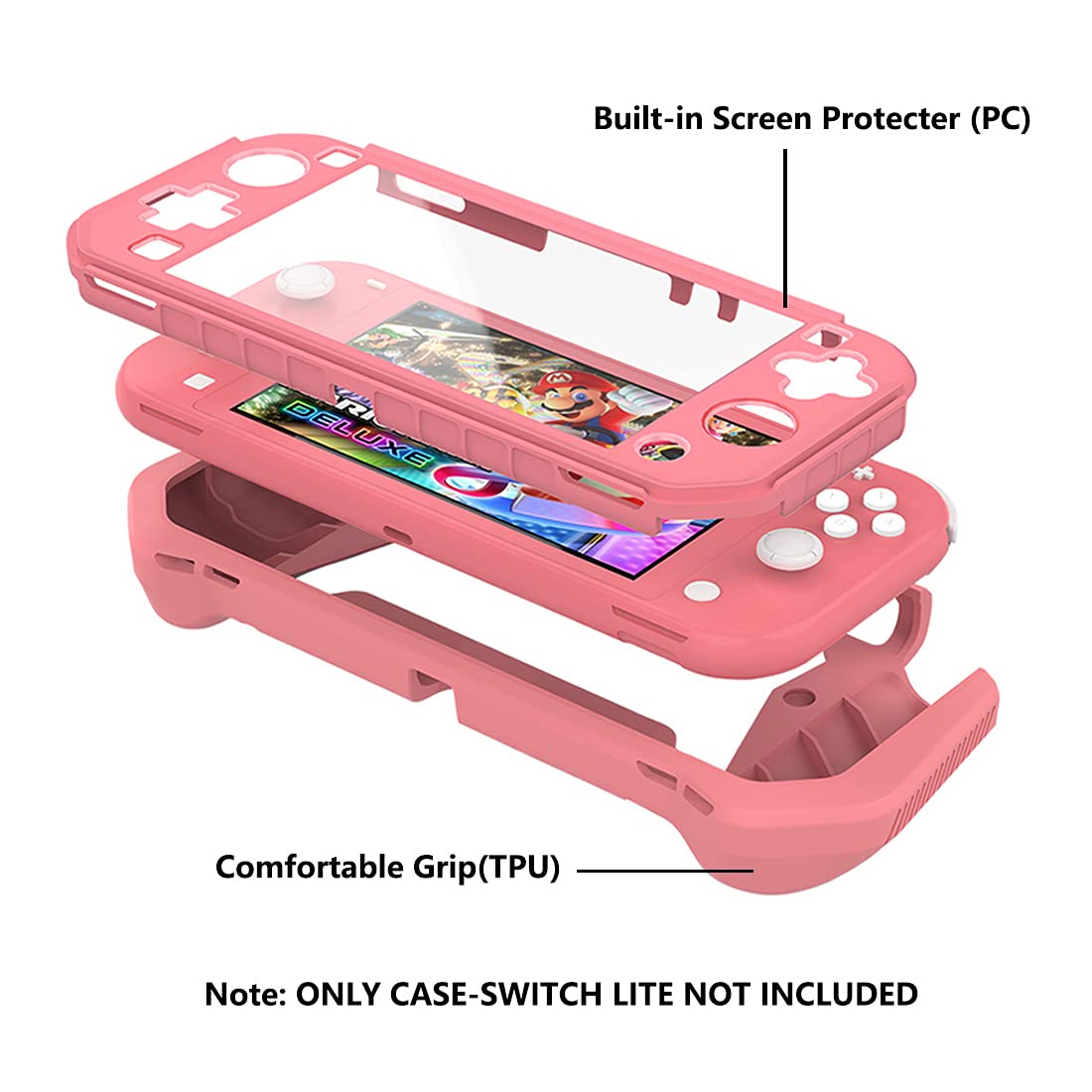 Durable Nintendo Switch Lite Protective Case with Detachable Screen Protector & Ergonomic Hand Grip - Compatible with Switch Lite 2019 (Pink) | Perfect for Gaming On-The-Go, Travel Protection & Everyday Use