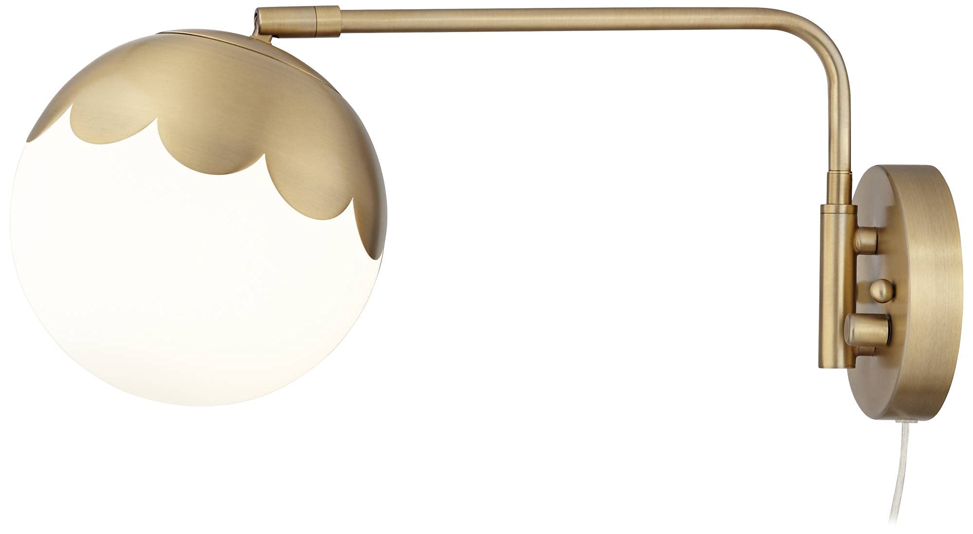 360 Lighting Kelowna Modern Swing Arm Wall Lamps (Set of 2) - Antique Brass Plug-in Wall Sconces with Round Glass Globe Shade - Perfect for Bedroom, Living Room, Hallway & Dining Room Lighting - Ideal for Reading, Bedside & Home Decor
