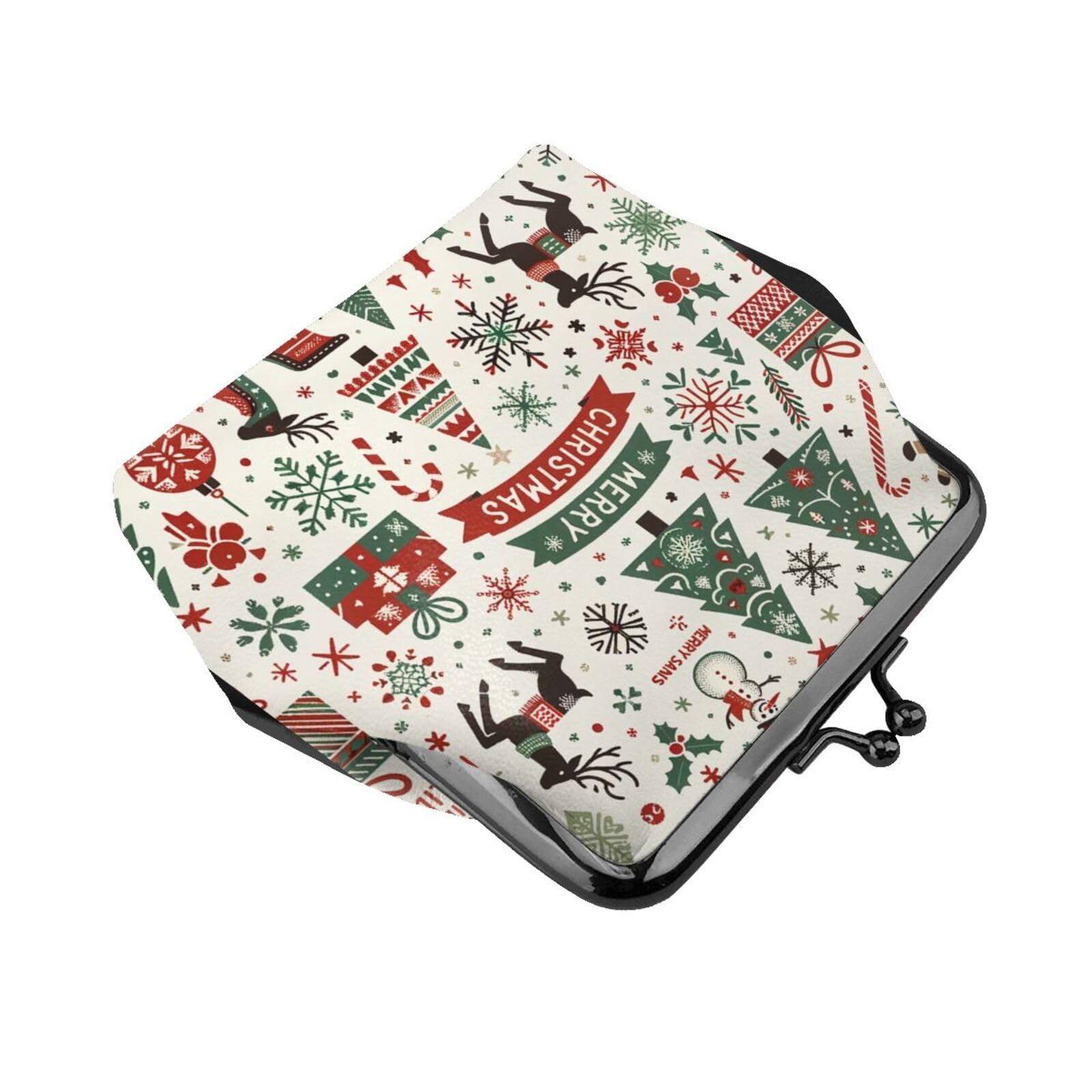 Genuine PU Leather Buckle Coin Purse for Women - Christmas Tree & Candy Cane Pattern Kiss-Lock Wallet - Perfect for Holiday Gifts, Party Favors, and Everyday Use