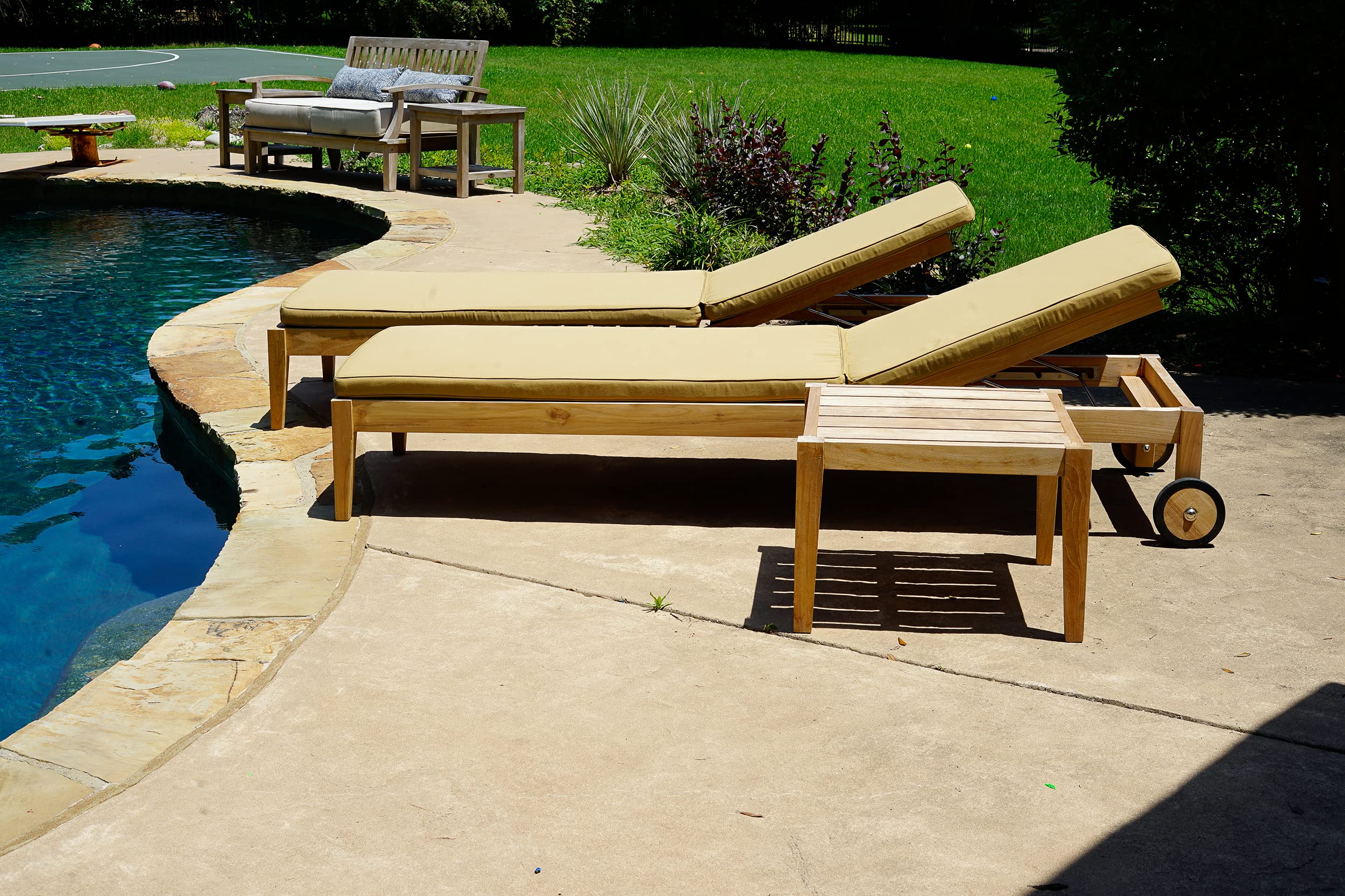 Premium Teak Outdoor Chaise Lounge with Sunbrella Tan Fabric - 4-Position Adjustable Patio Recliner for Poolside, Beach & Garden Relaxation