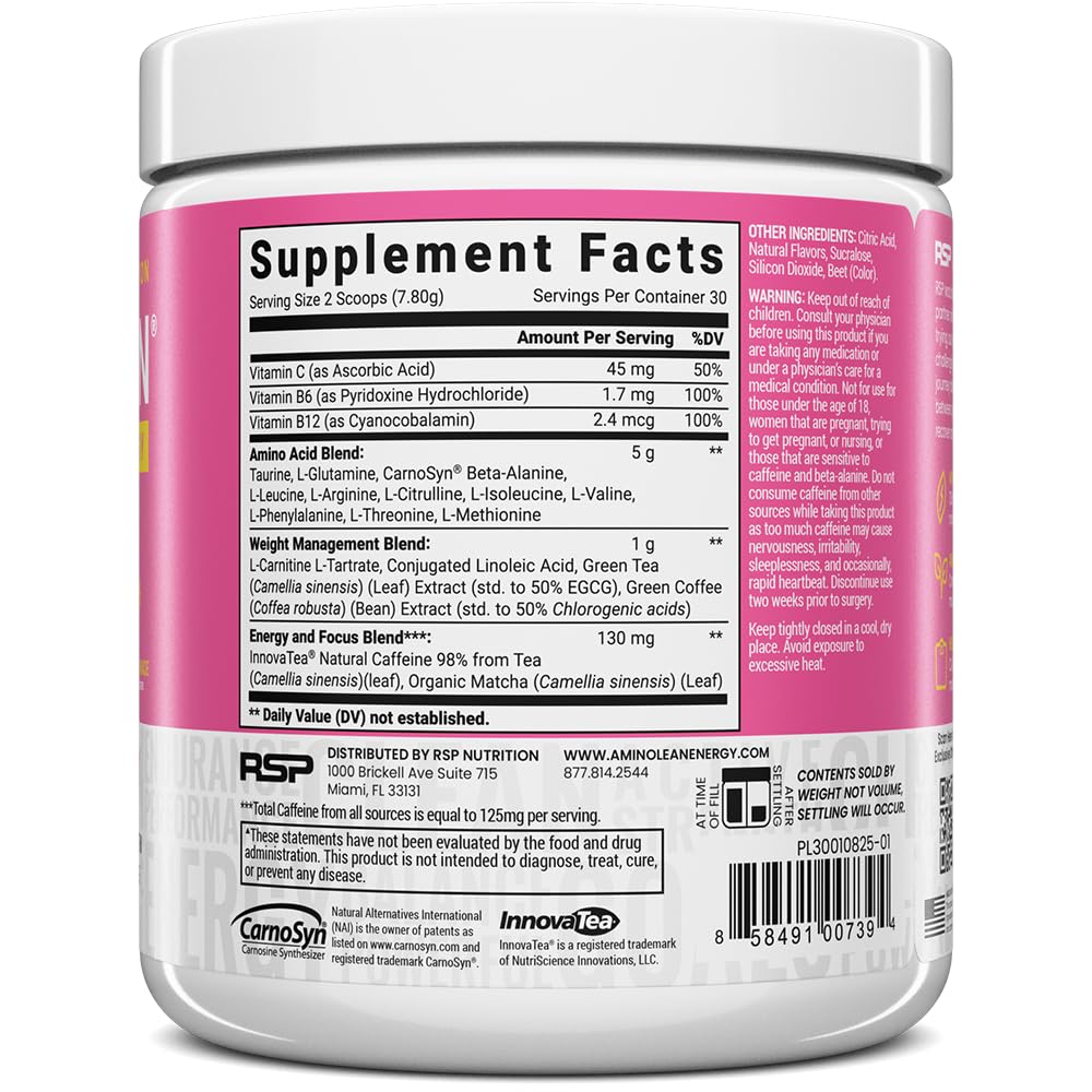 RSP Nutrition AminoLean Pre Workout Powder - Vegan BCAA Amino Acids with Natural Caffeine for Energy & Weight Management | Preworkout Boost for Men & Women | 30 Servings Pink Lemonade Flavor | Perfect for Gym, Fitness & Weight Loss Training