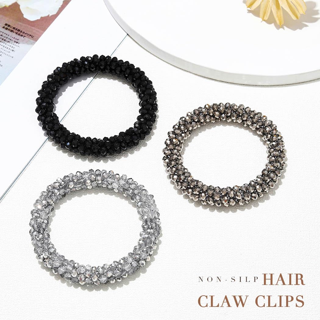 Sparkly Crystal Hair Scrunchies for Women & Girls - Rhinestone Beaded Elastic Ponytail Holders (Pack of 3) | Perfect for Parties, Weddings & Everyday Glam Accessories
