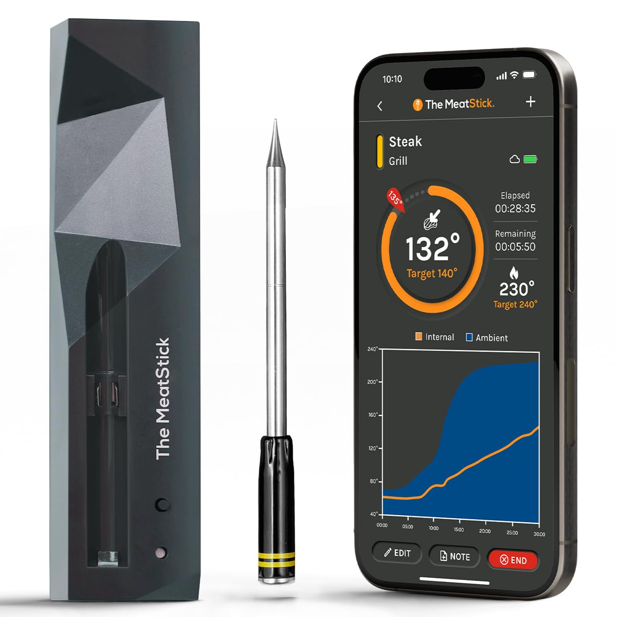 MeatStick - Wireless Smart Meat Thermometer for Grilling, Smoking, BBQ, Air Fryer, Oven & Sous Vide | Bluetooth Meat Probe for Perfect Steak, Turkey & Roasts | Indoor & Outdoor Cooking Thermometer