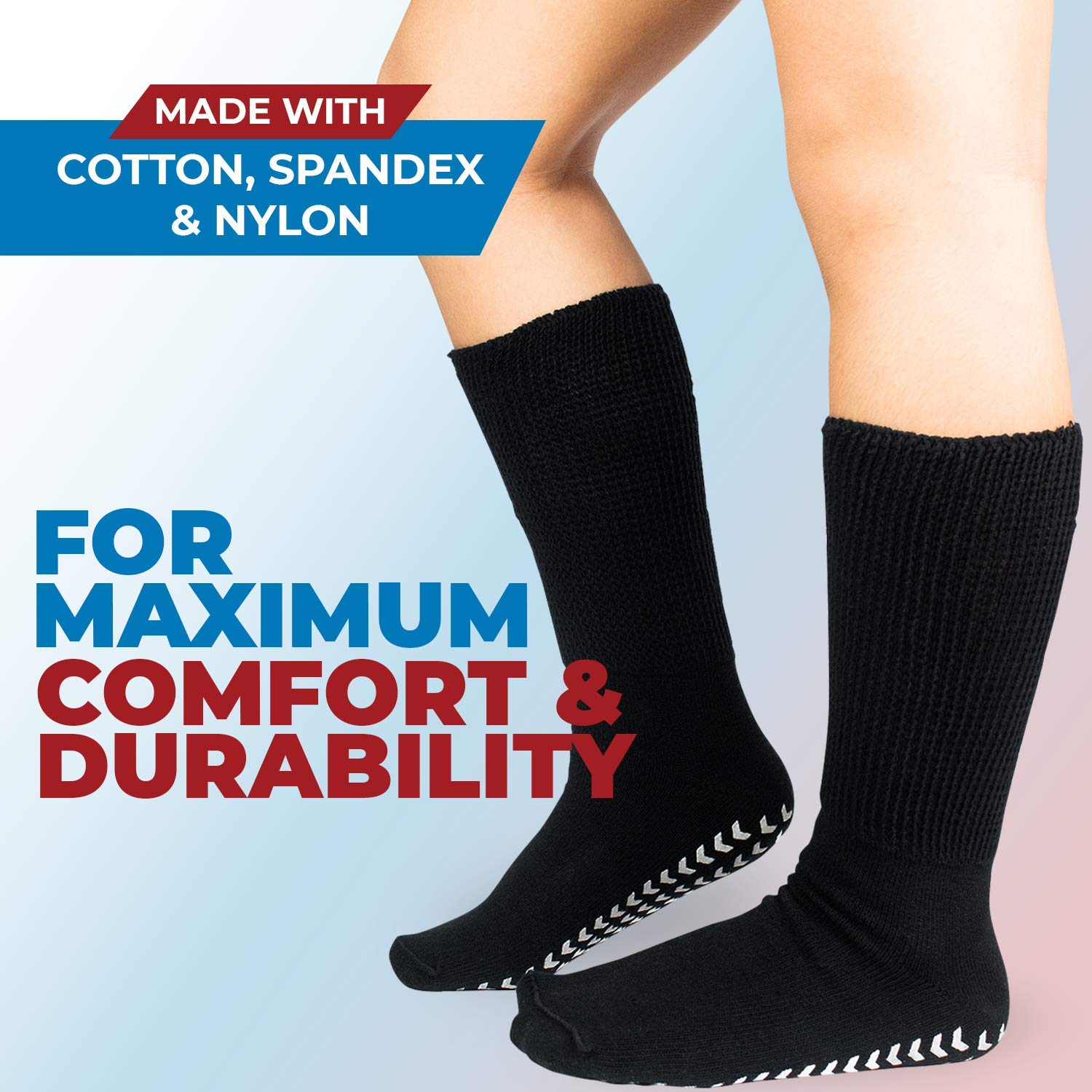 Non-Slip Grip Socks for Men & Women - Hospital Socks with Anti-Skid Soles for Elderly & Diabetic Patients (Size 9-12, Extra Wide Fit for Swollen Feet) - 4 Pairs Black - Perfect for Hospital Stay, Home Recovery and Fall Prevention