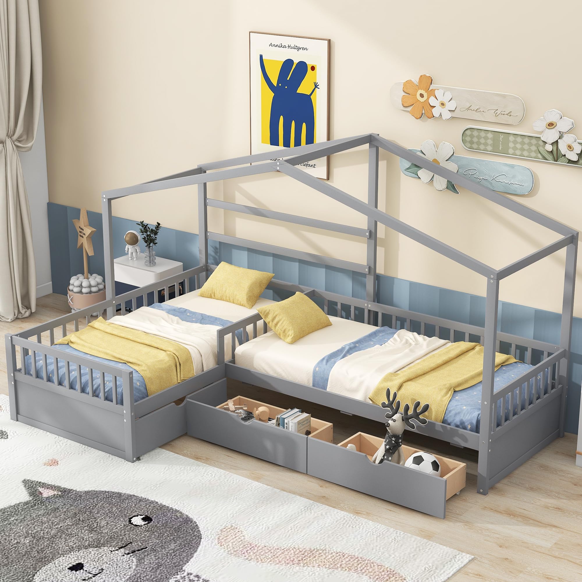 P PURLOVE L-Shaped Twin Wooden House Platform Bed Frame with 3 Storage Drawers & Guardrail - No Box Spring Needed, Gray - Perfect for Small Bedrooms, Kids Rooms & Space-Saving Storage Solutions