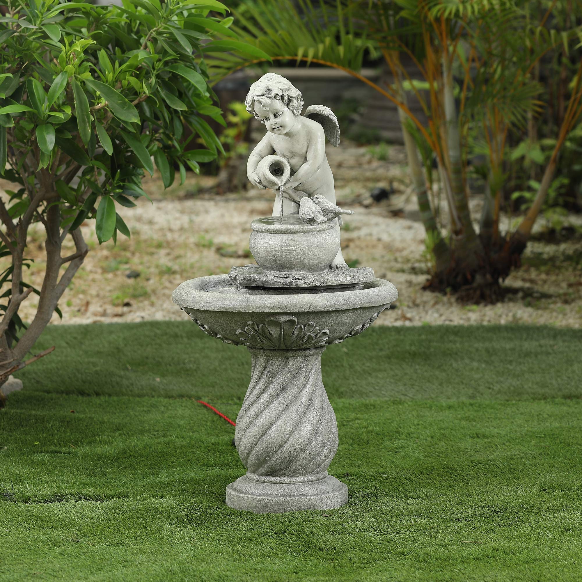 LuxenHome 34 Inch Resin Cherub Angel Water Fountain - Indoor/Outdoor Garden Decor with Birds & Waterfall Feature | Perfect for Backyard, Patio, and Landscape Decoration