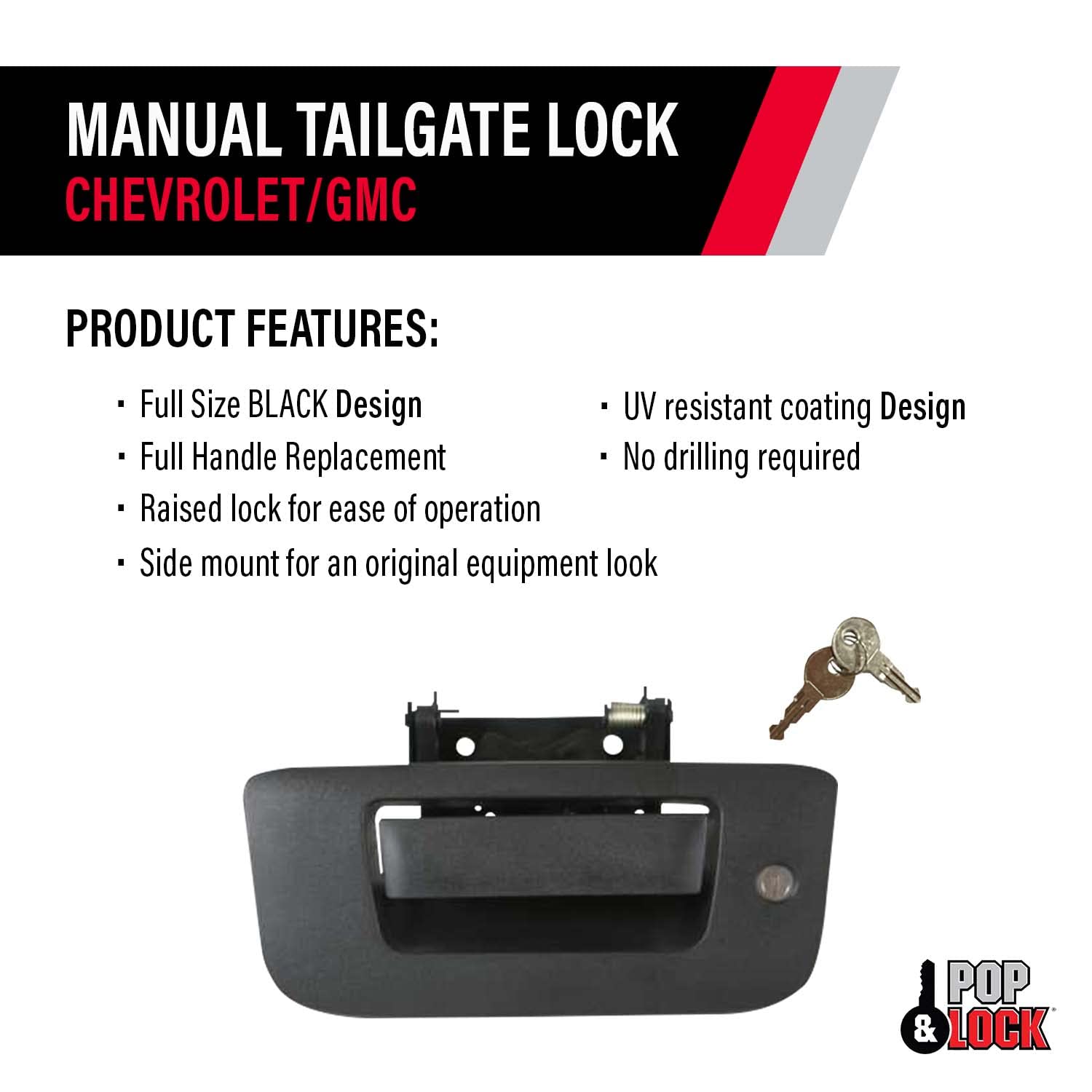 Pop & Lock PL1310 Black Manual Tailgate Lock for Chevy/GMC Trucks (New Body Style) - Secure Your Pickup Bed & Protect Cargo from Theft