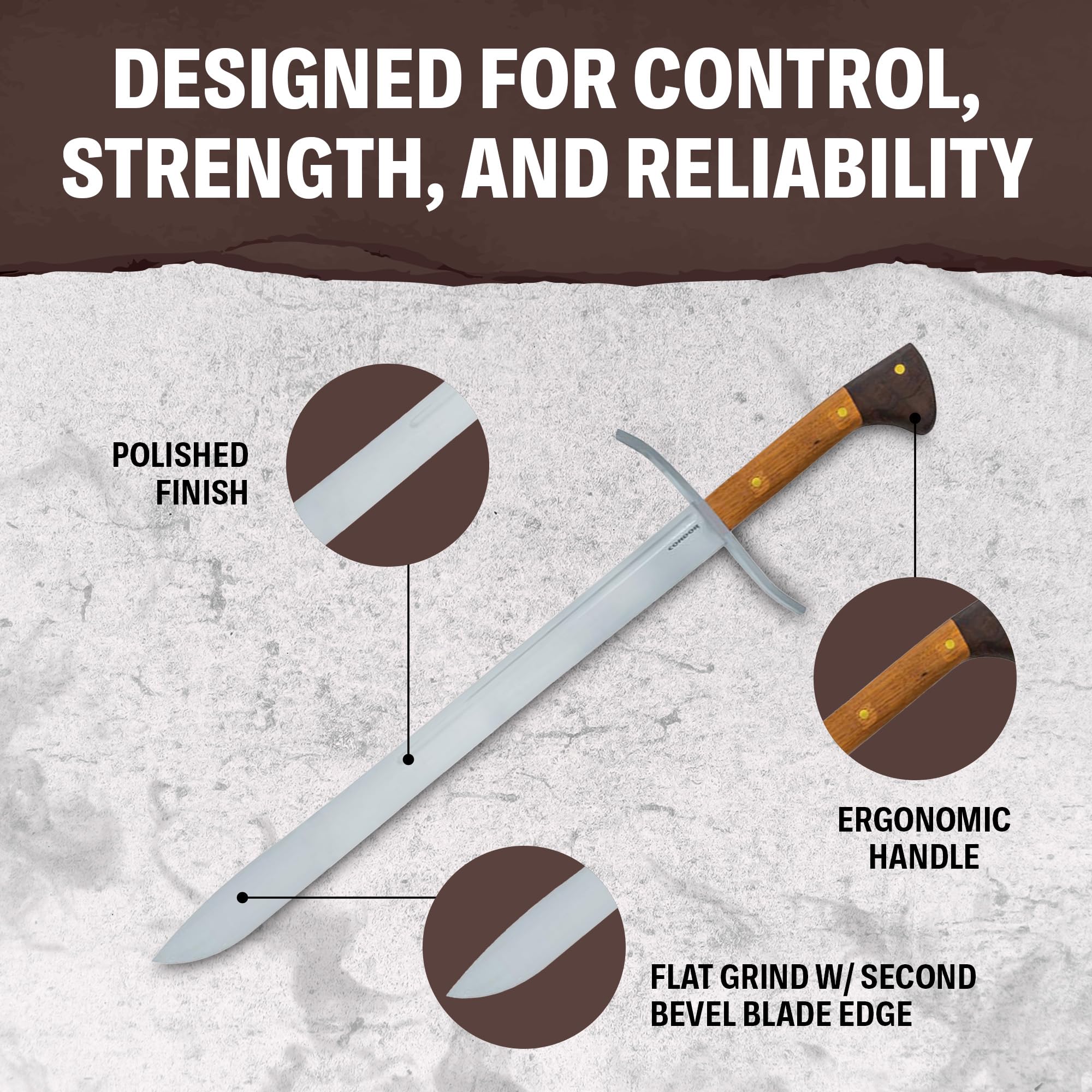 Condor Tool & Knife Messer Sword - 21.7 Inch 1075 High Carbon Steel Blade with Hickory & Walnut Handle - 5mm Thick 52.6oz Medieval Combat Weapon for HEMA, Martial Arts Training & Historical Reenactment