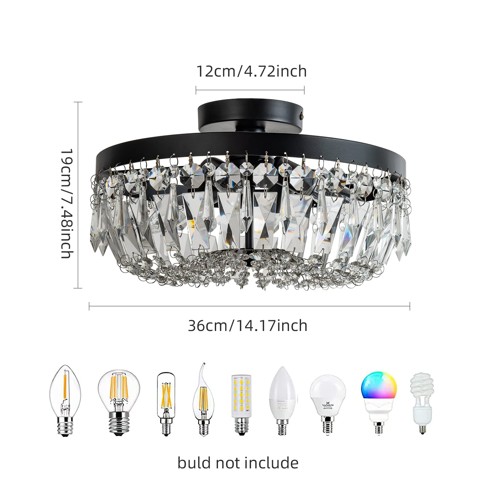 KSRYSZCQ Black Crystal Ceiling Light - 4-Light Semi-Flush Mount Fixture with Elegant Crystals for Bedroom, Living Room, Kitchen & Hallway | Modern Lighting for Dining Room, Foyer & Home Decor