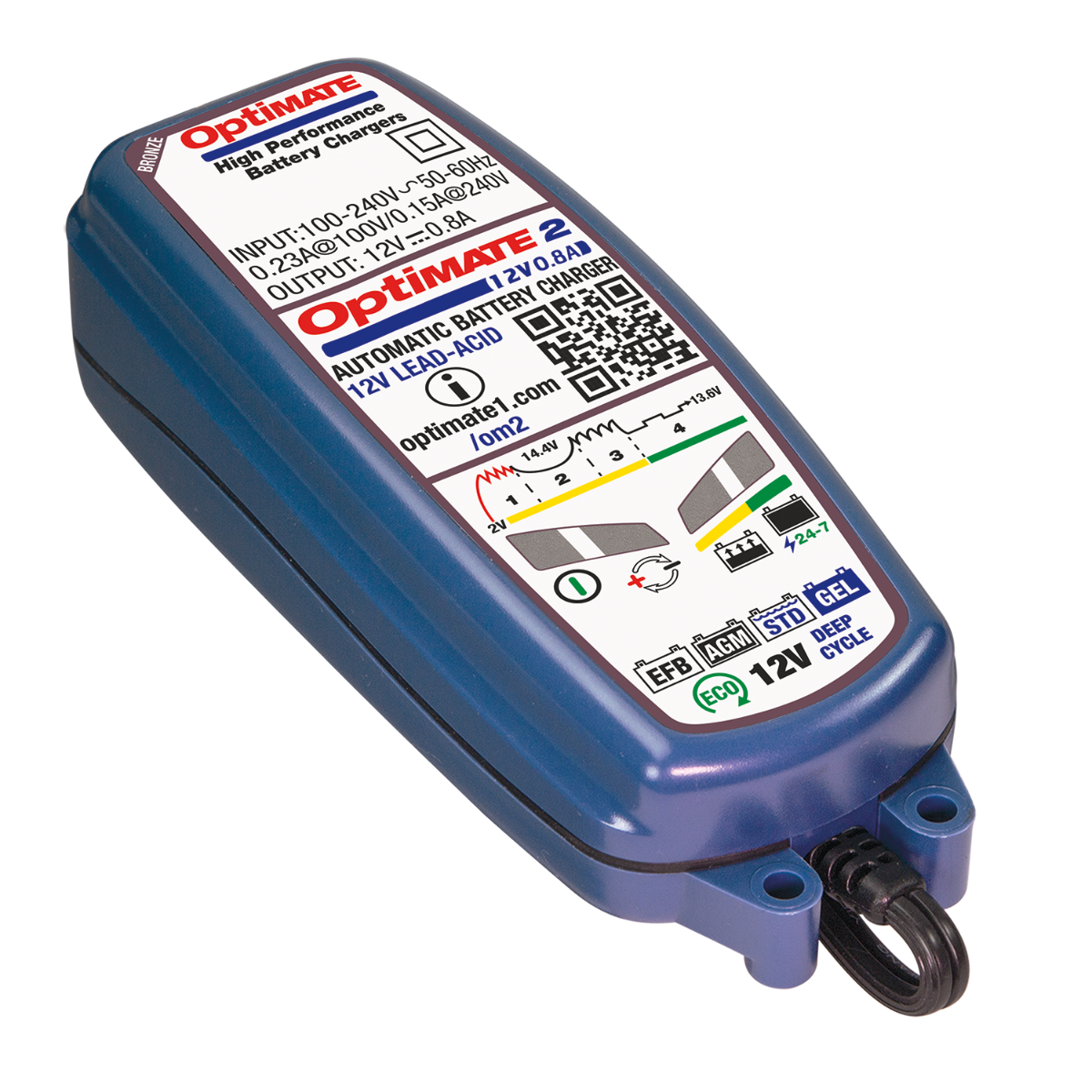 Optimate 2 4-Step Battery Charger - Smart Charging for Motorcycle, ATV, and Powersports Batteries - Perfect for Winter Storage & Maintenance Charging