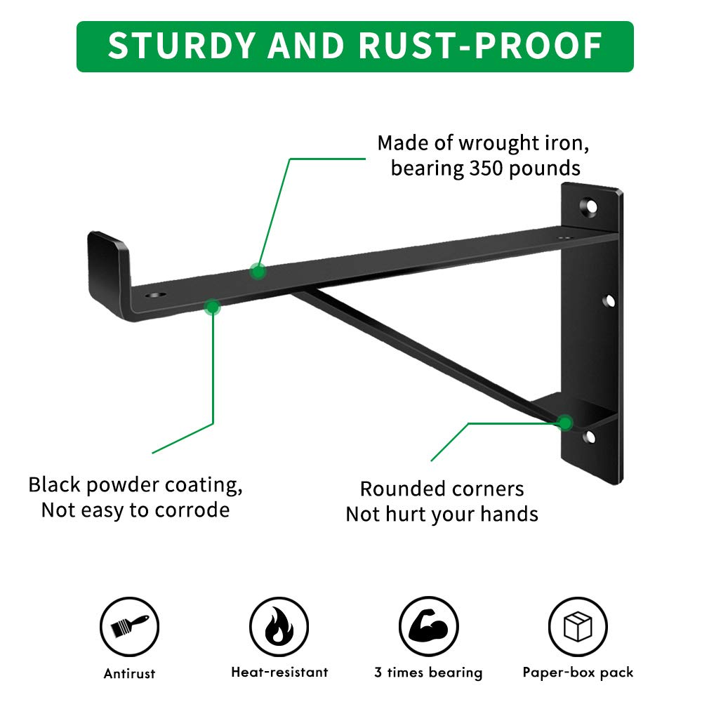 Heavy Duty 16-inch Shelf Brackets - 2 Pack Black Metal Wall Brackets for Indoor/Outdoor Storage